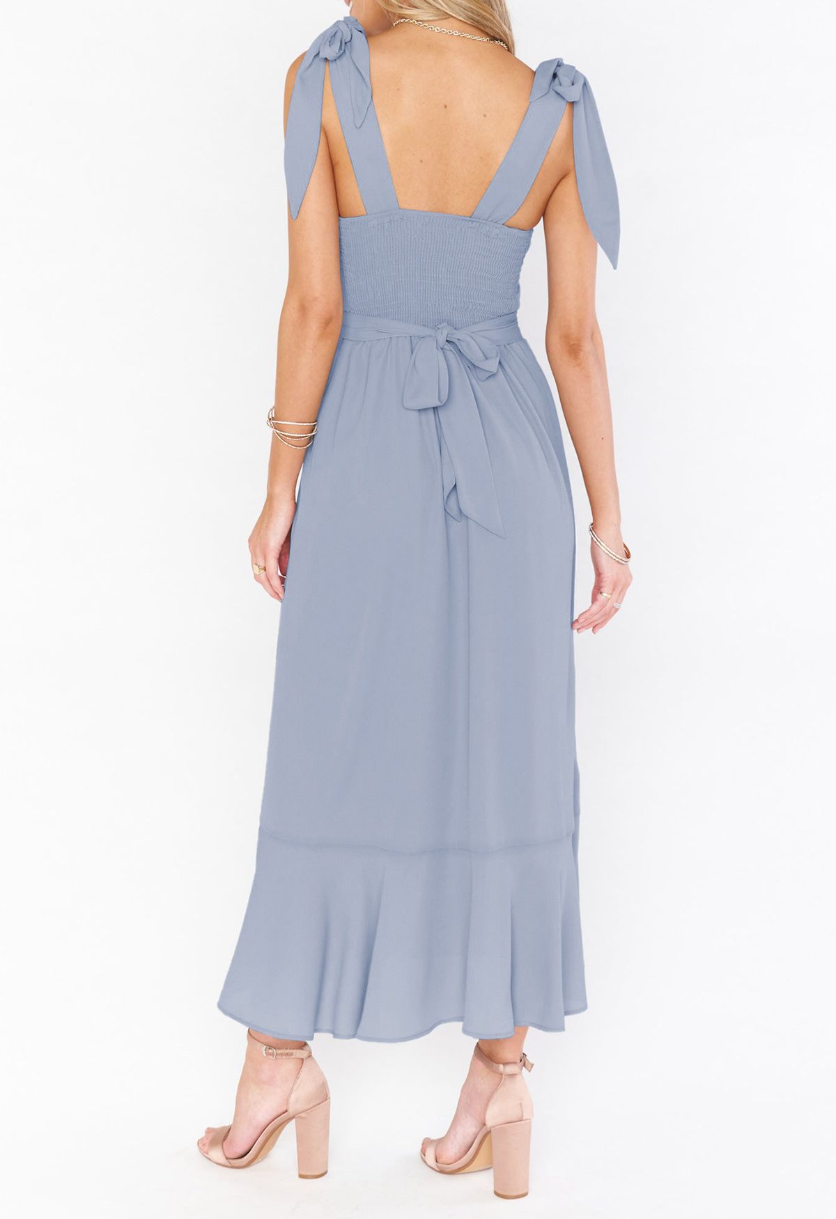 Ruffle Hem Tie-Shoulder Cami Dress in Dusty Blue