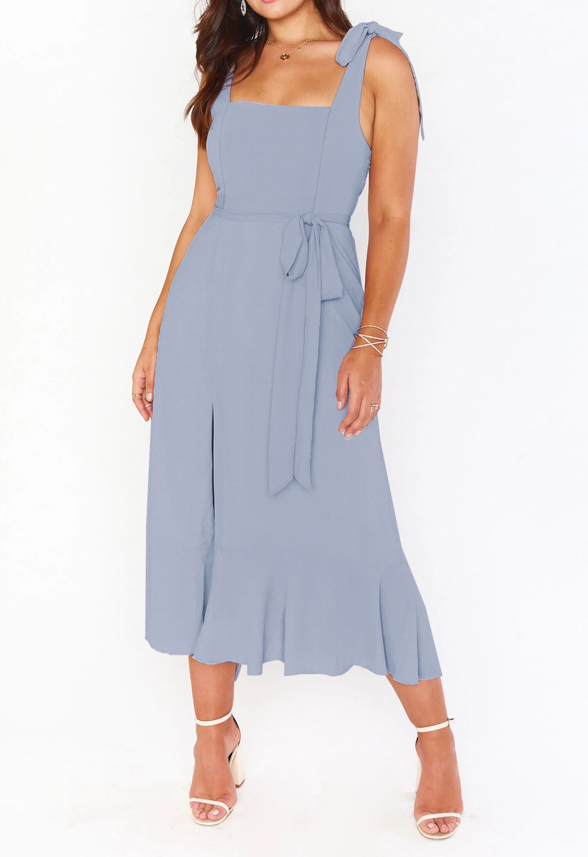 Ruffle Hem Tie-Shoulder Cami Dress in Dusty Blue