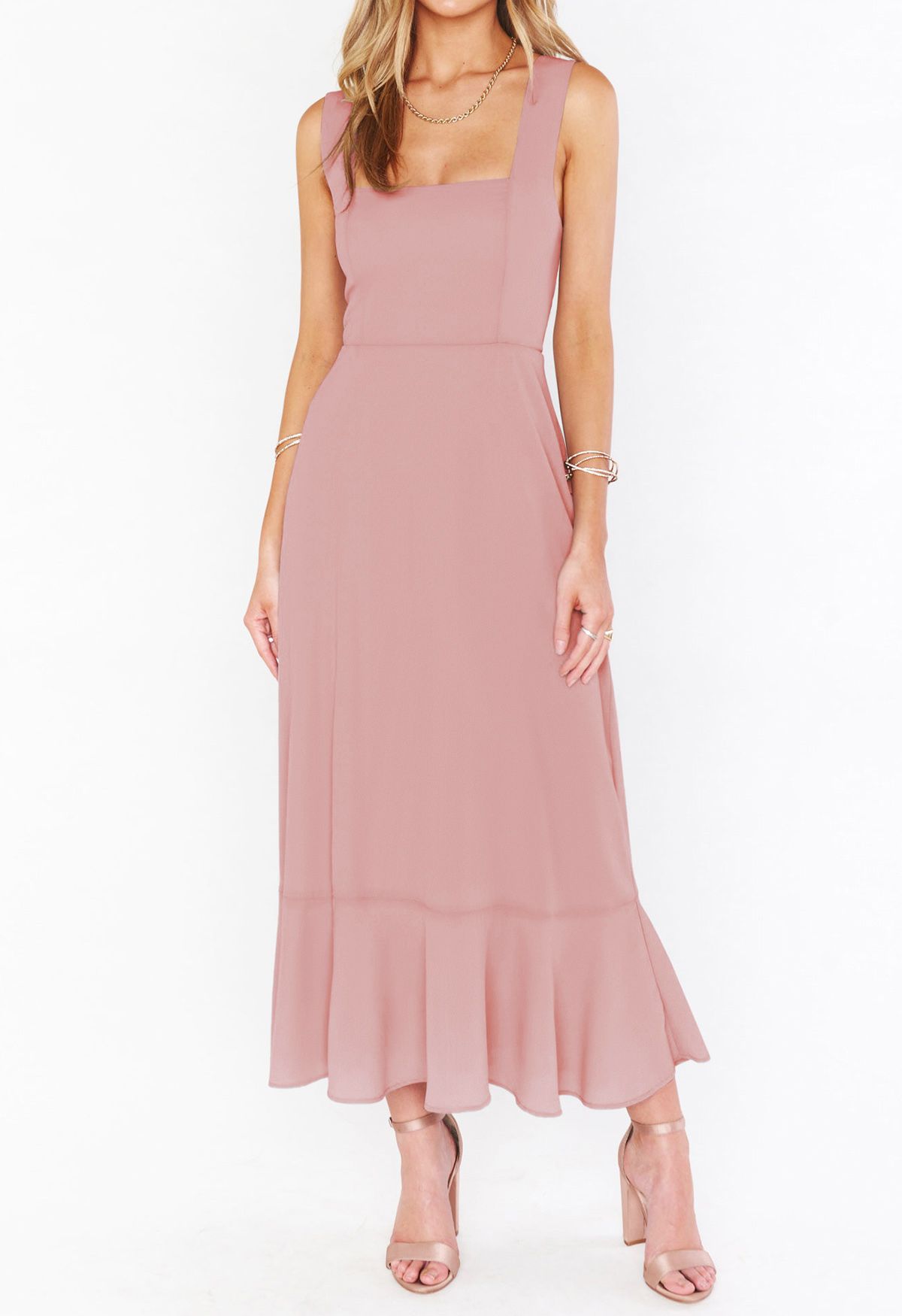 Ruffle Hem Tie-Shoulder Cami Dress in Pink