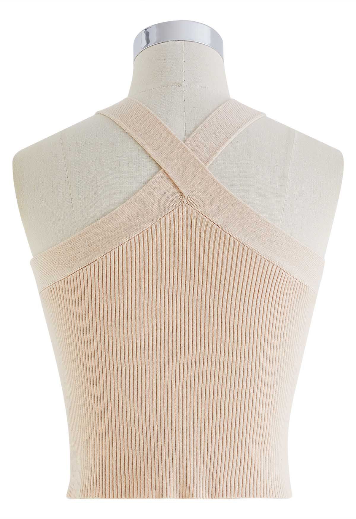 Criss Cross Straps Halter Knit Top in Cream