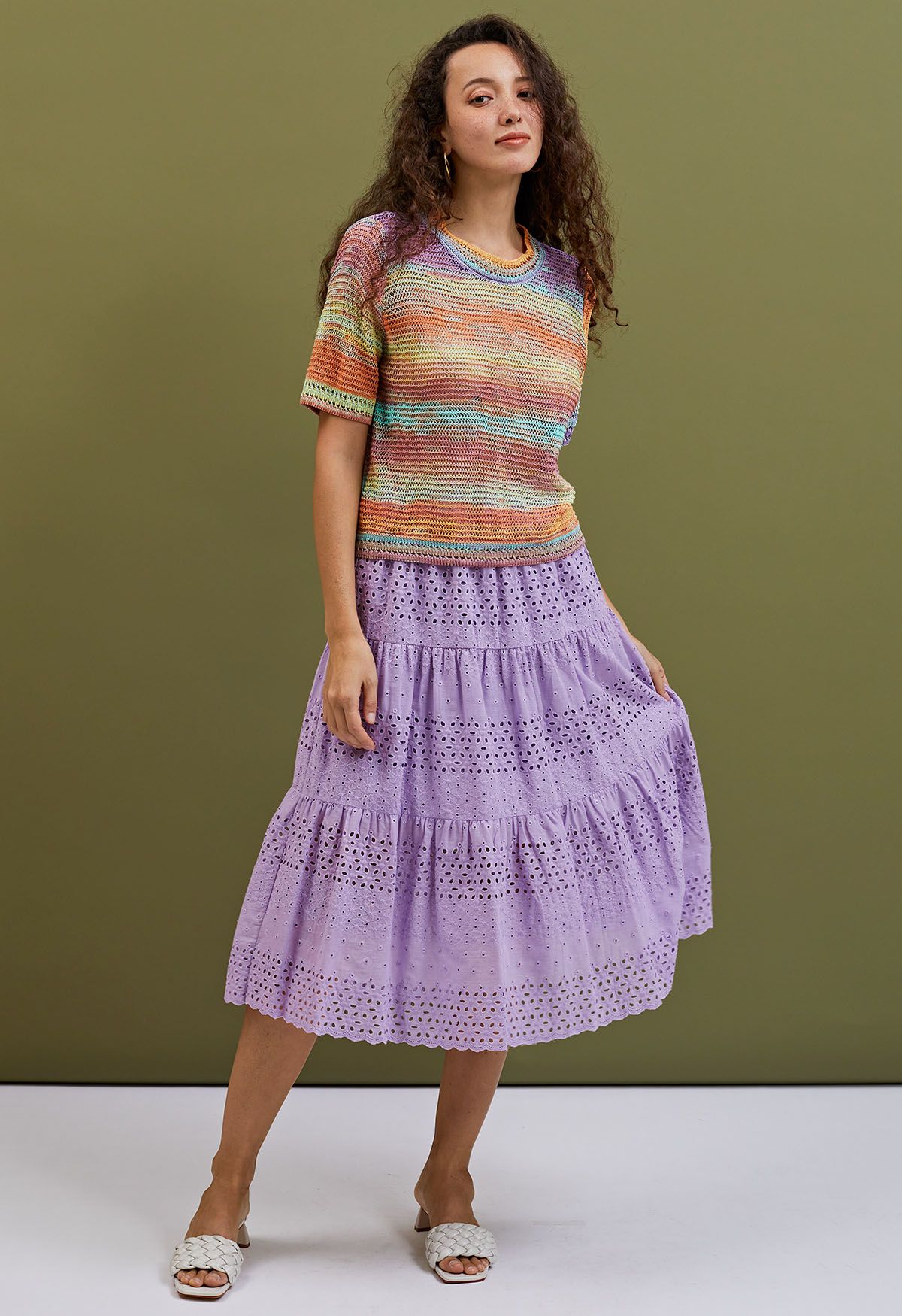 Floret Embroidered Eyelet Cotton Midi Skirt in Lilac