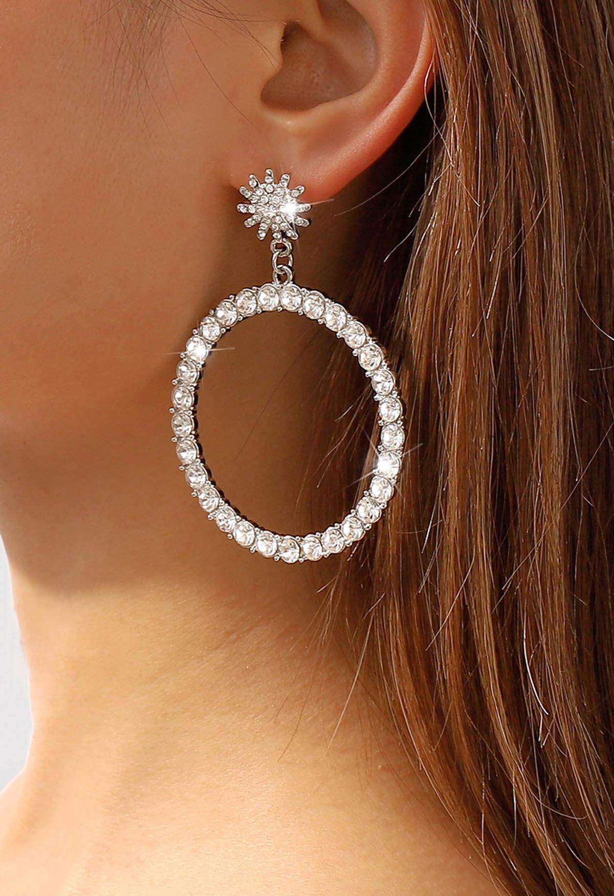 Hollow Out Circle Rhinestone Earrings in Silver