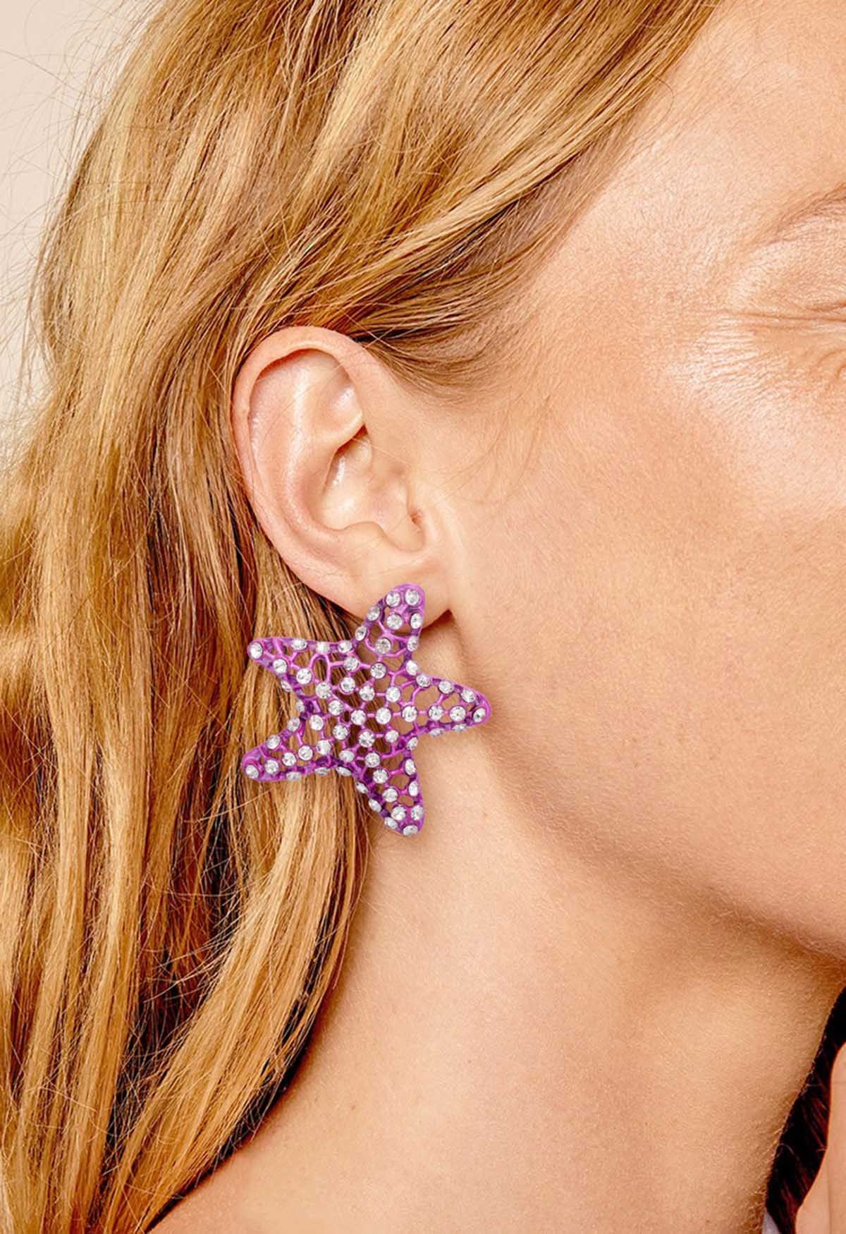 Starfish Hollow Out Zircon Earrings in Purple