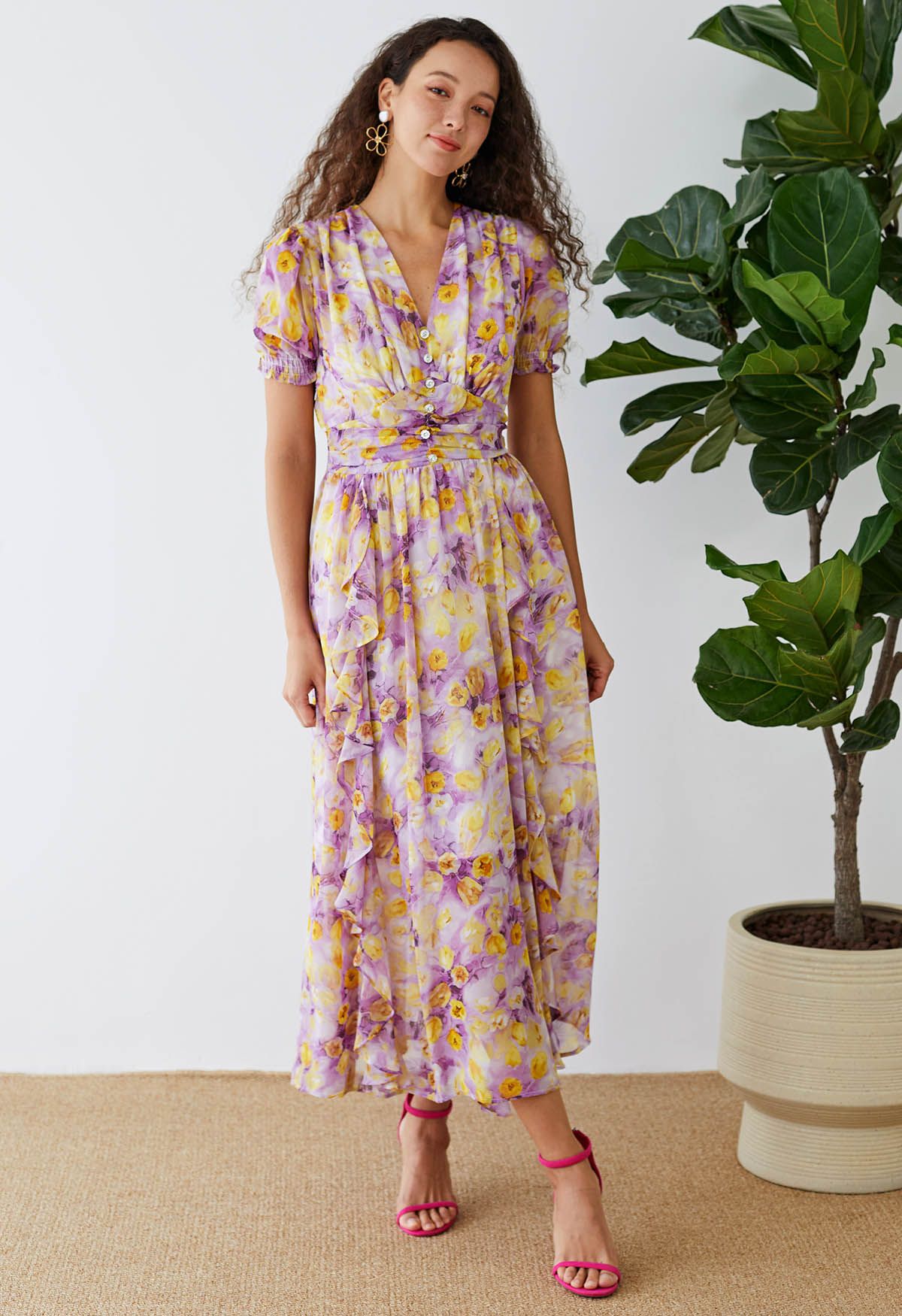 V-Neck Ruffle Trimmed Floral Chiffon Dress in Violet