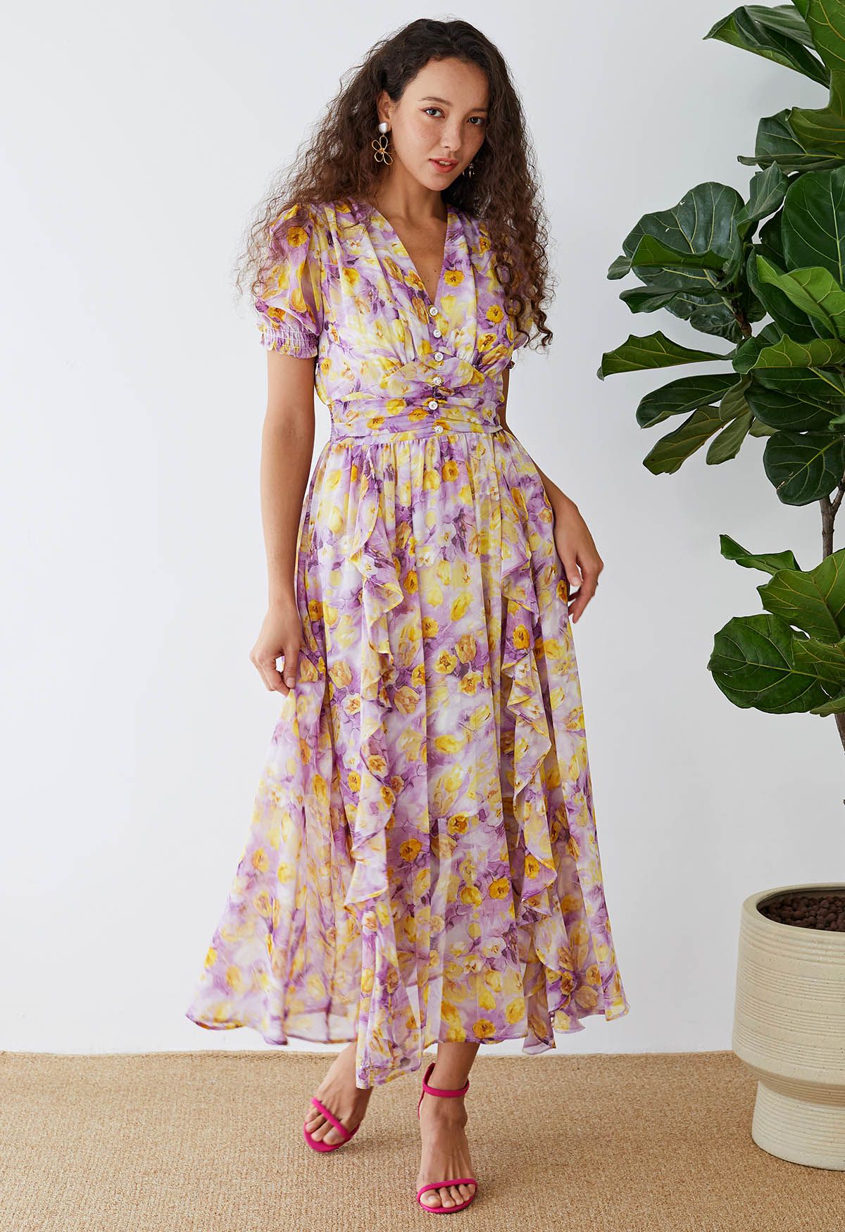 V-Neck Ruffle Trimmed Floral Chiffon Dress in Violet