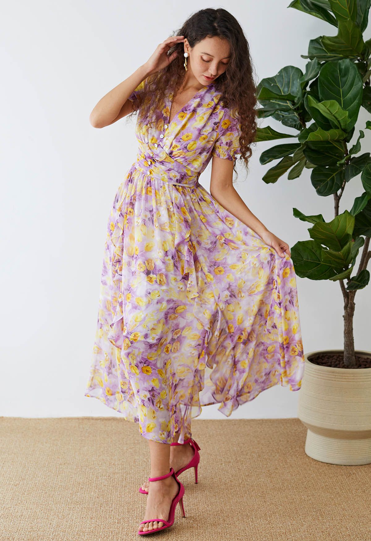 V-Neck Ruffle Trimmed Floral Chiffon Dress in Violet