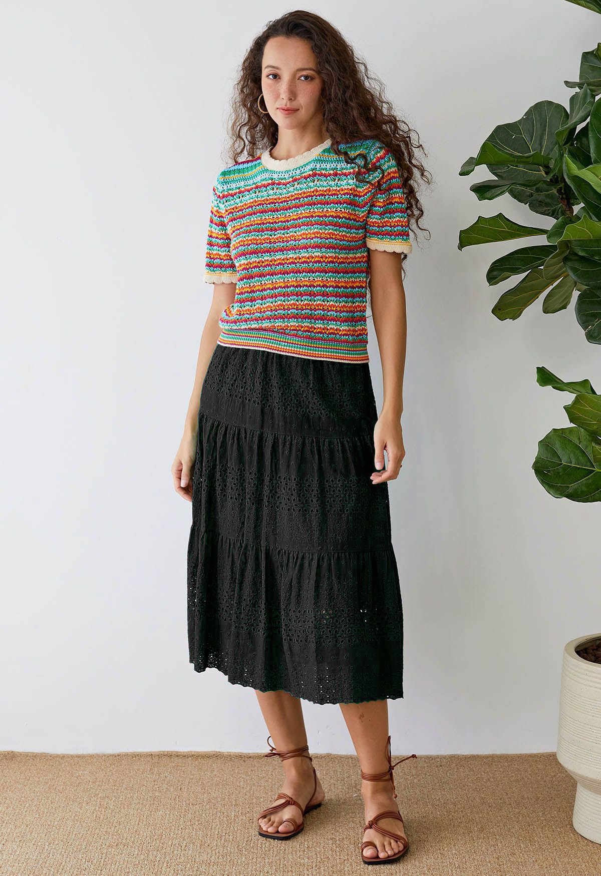 Floret Embroidered Eyelet Cotton Midi Skirt in Black