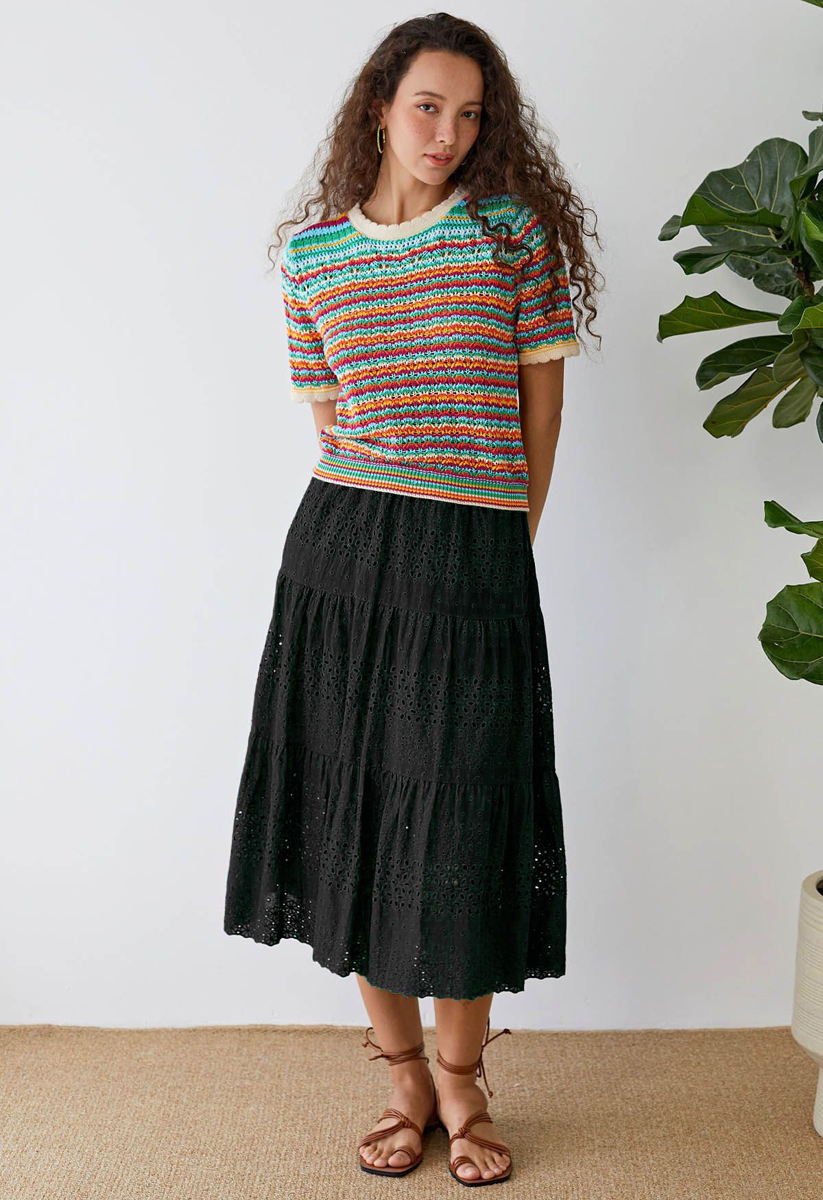 Floret Embroidered Eyelet Cotton Midi Skirt in Black