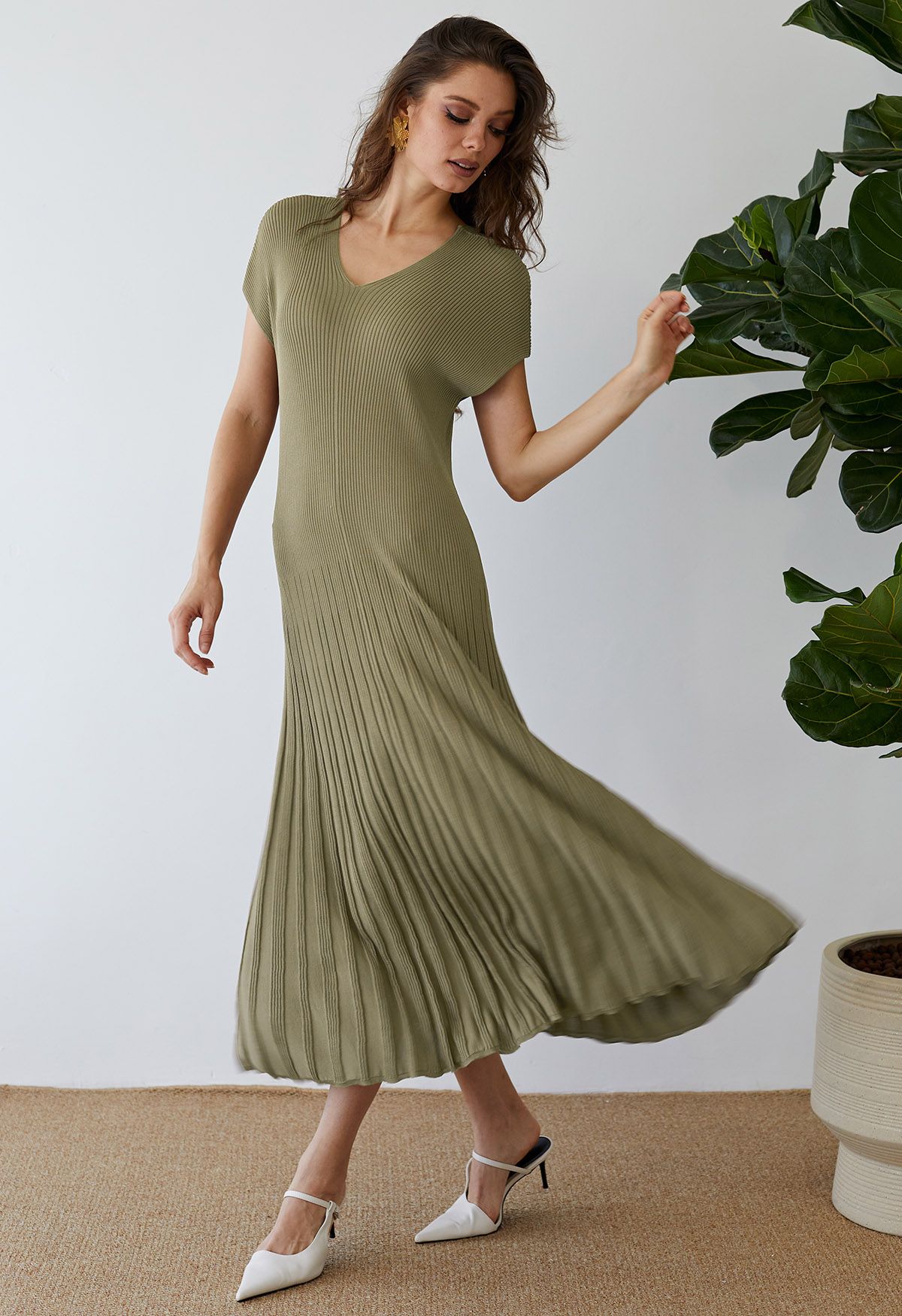 V-Neck Short-Sleeve Pleated Knit Dress in Olive