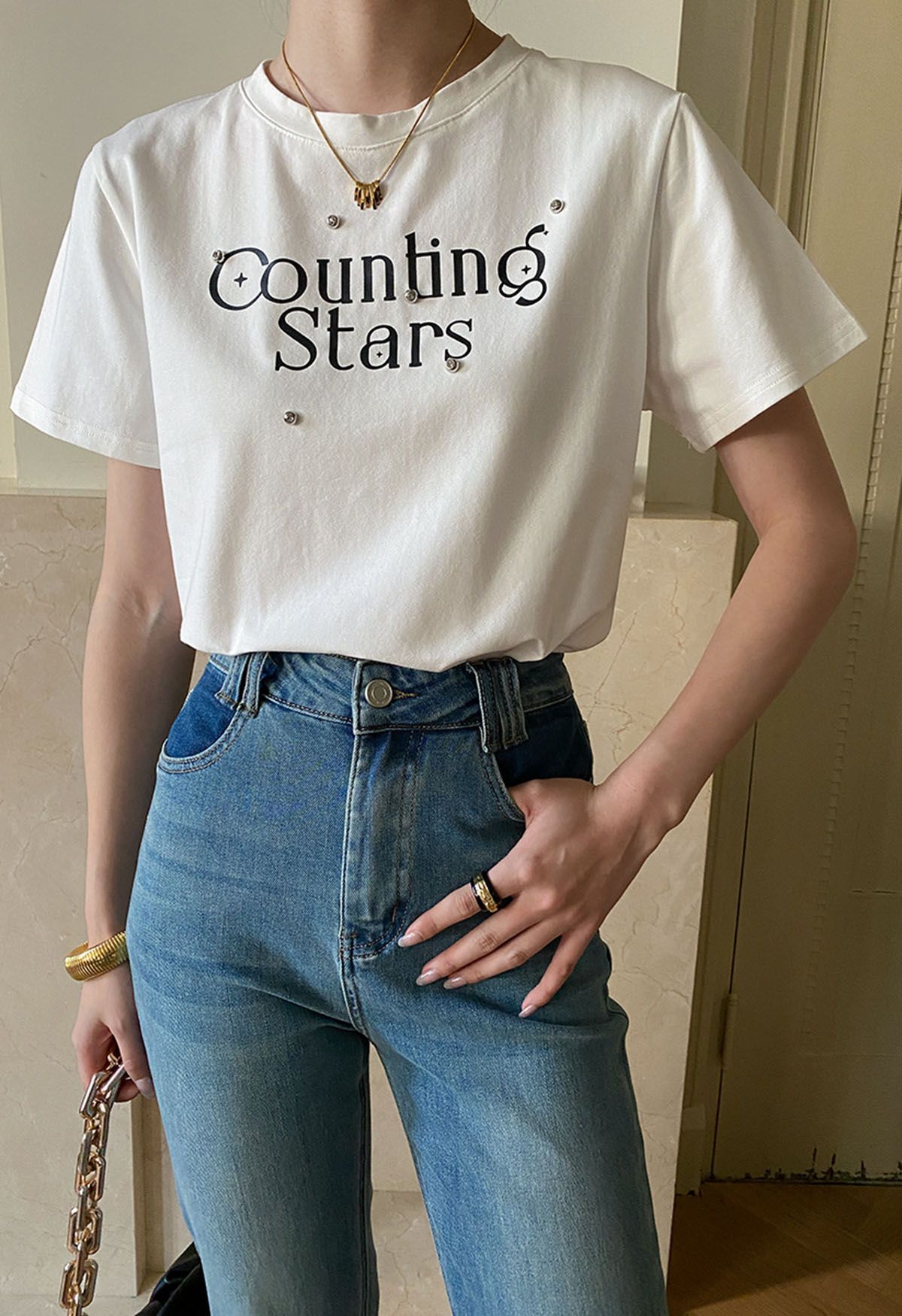 Counting Stars Print Crew Neck T-Shirt in White