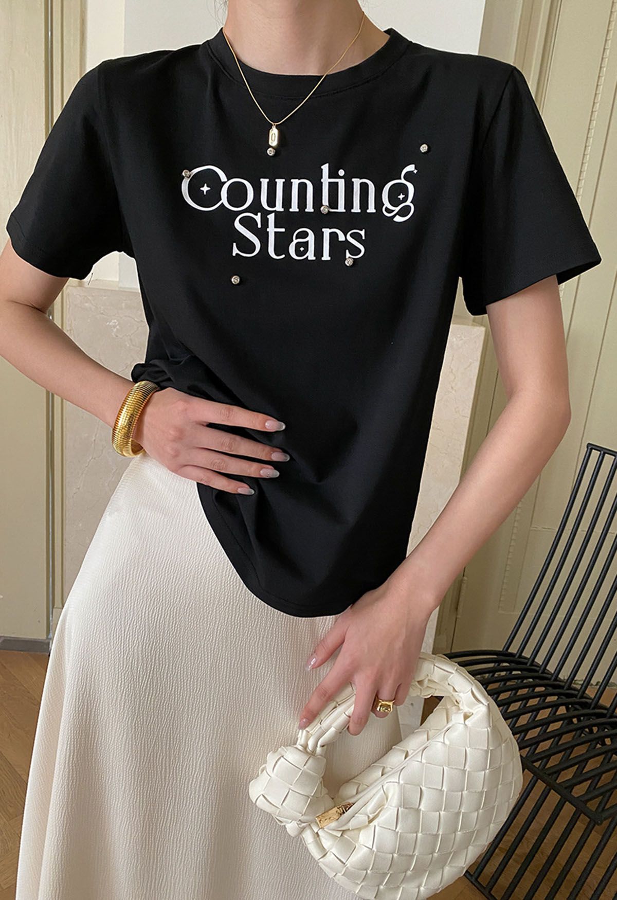 Counting Stars Print Crew Neck T-Shirt in Black