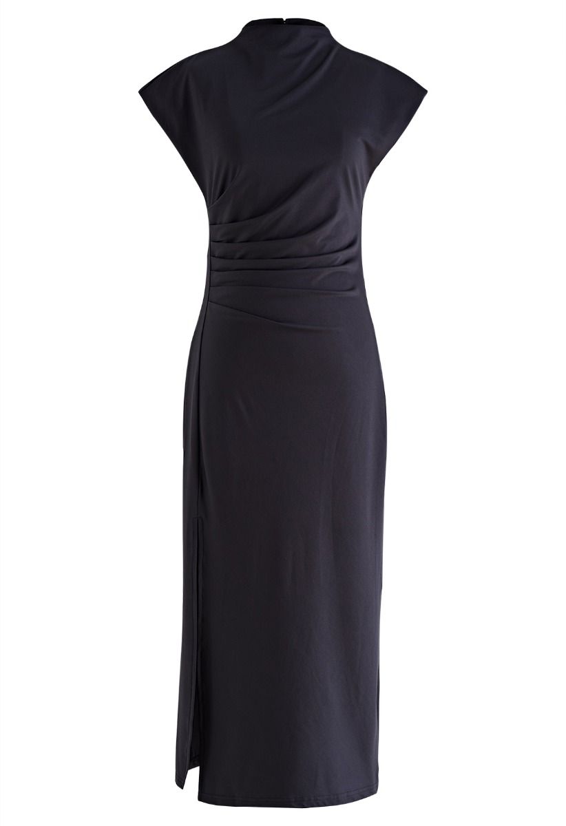 Mock Neck Side Slit Ruched Bodycon Dress in Black