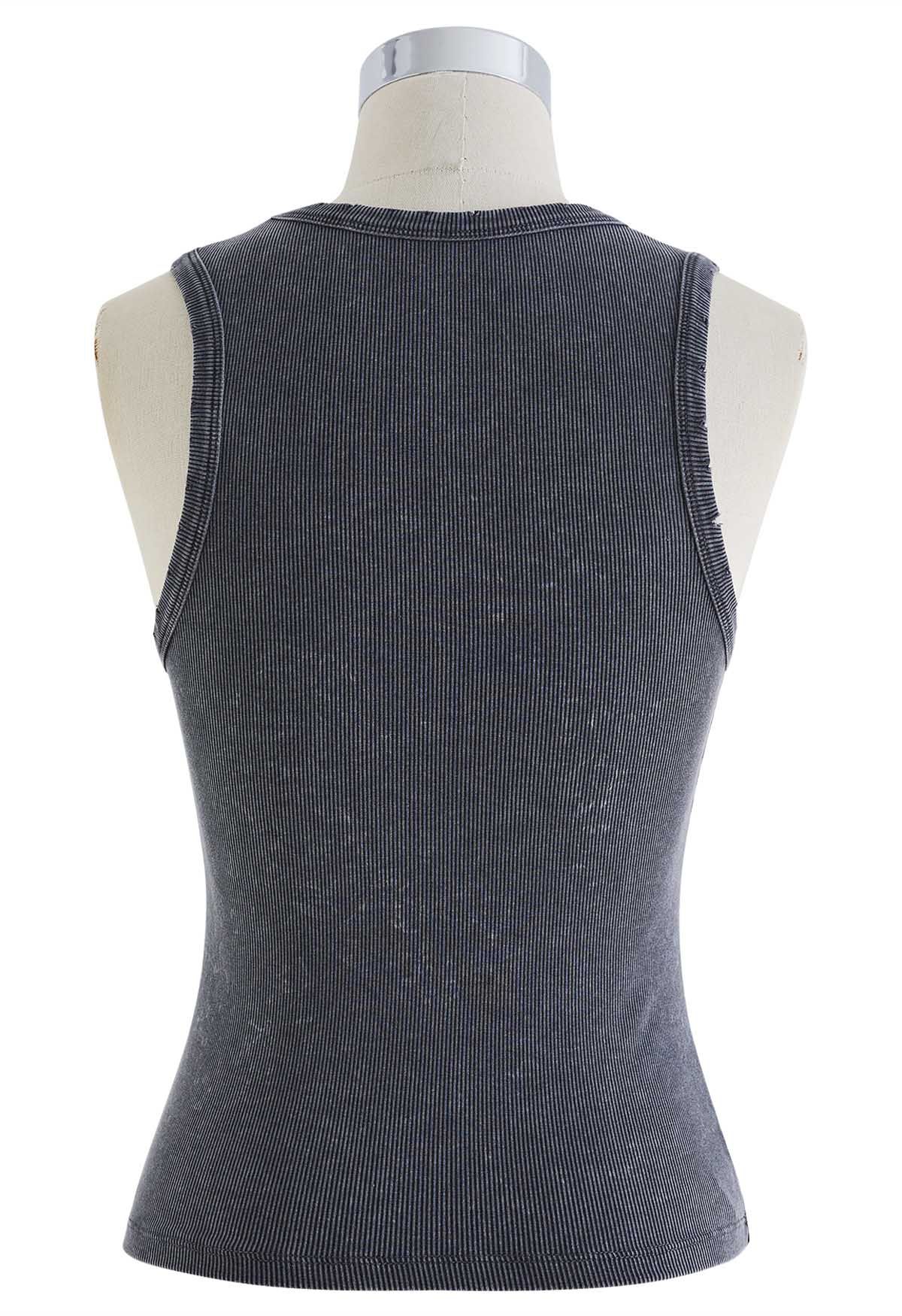 Washed Frayed Edge Ribbed Tank Top in Smoke