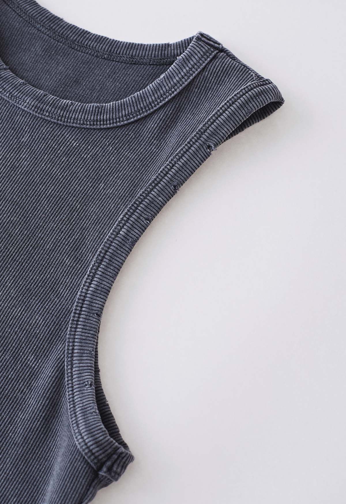 Washed Frayed Edge Ribbed Tank Top in Smoke