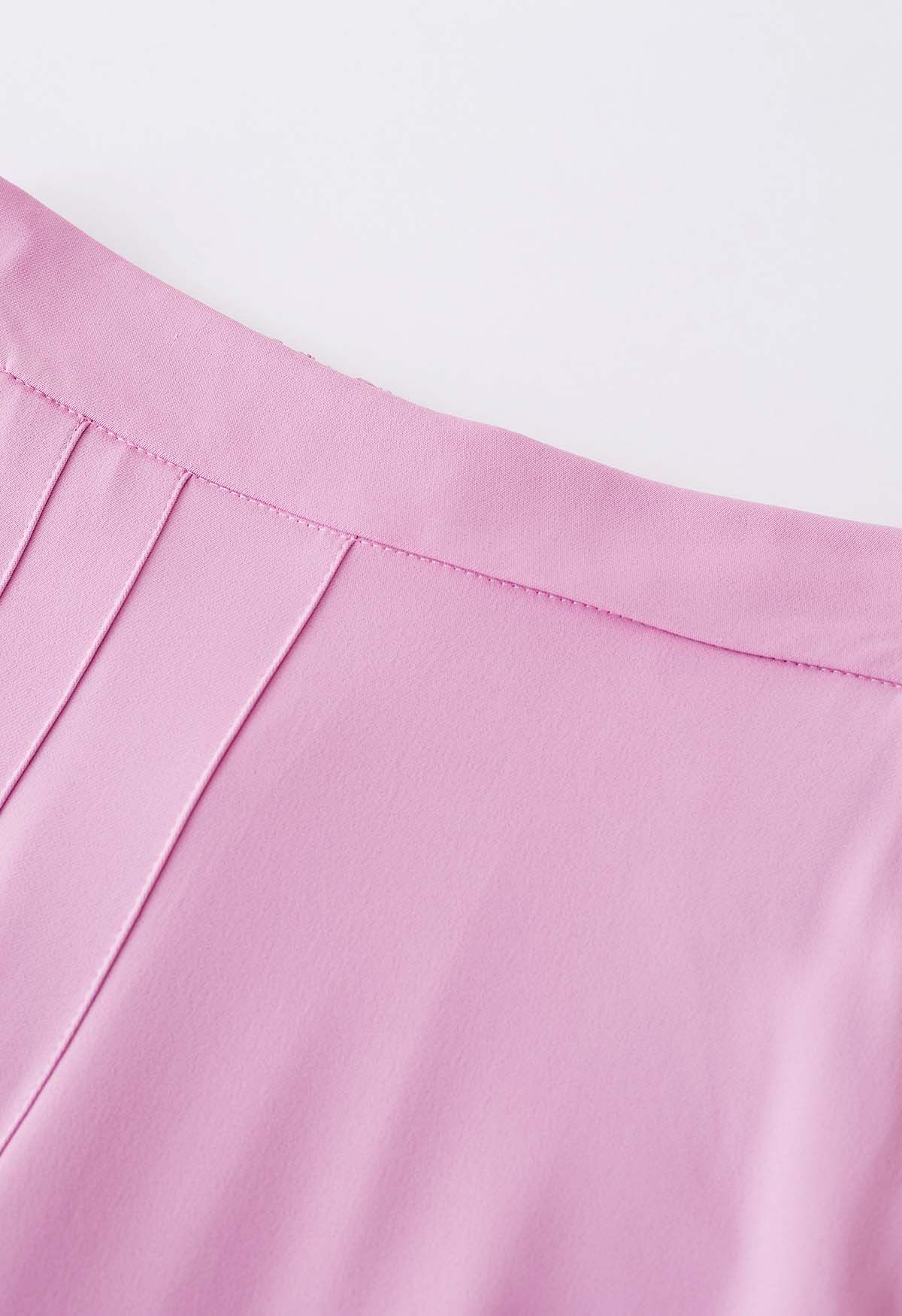 Asymmetric Pleated Chiffon Pull-On Wide-Leg Pants in Hot Pink