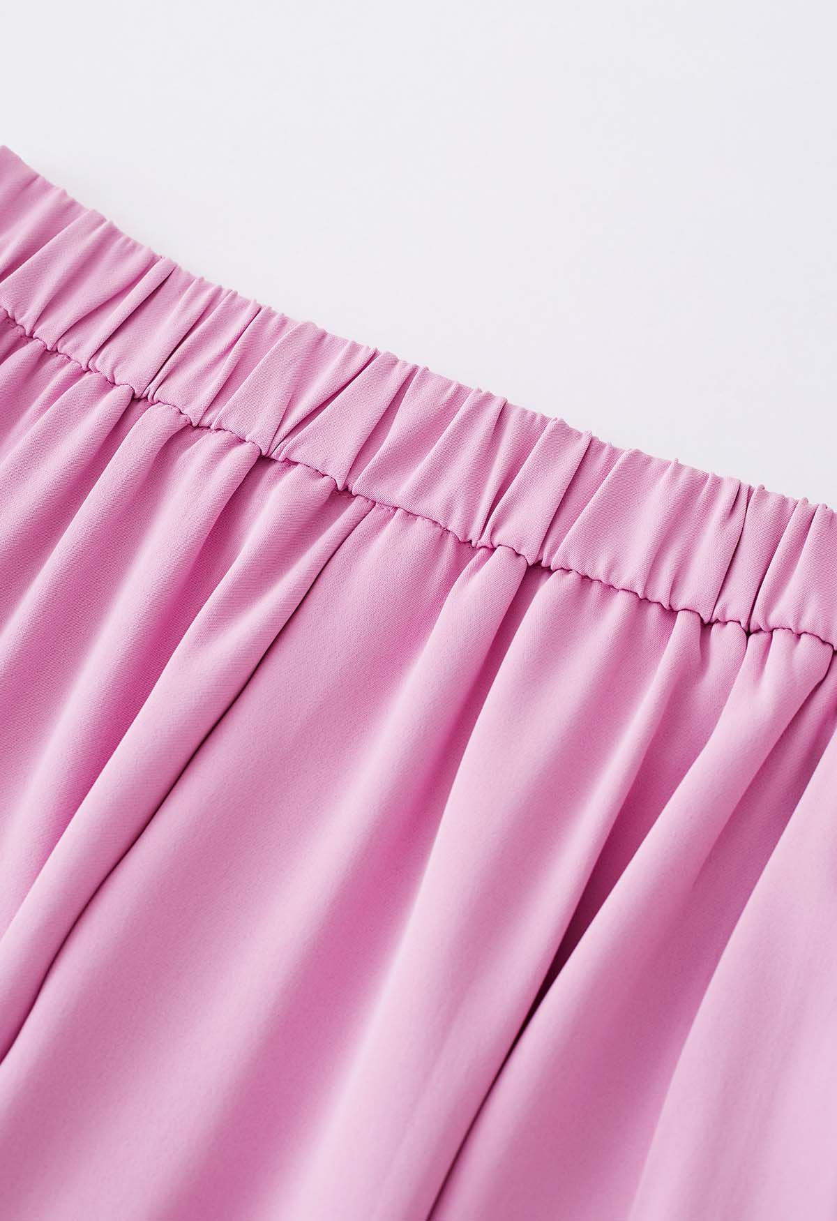 Asymmetric Pleated Chiffon Pull-On Wide-Leg Pants in Hot Pink