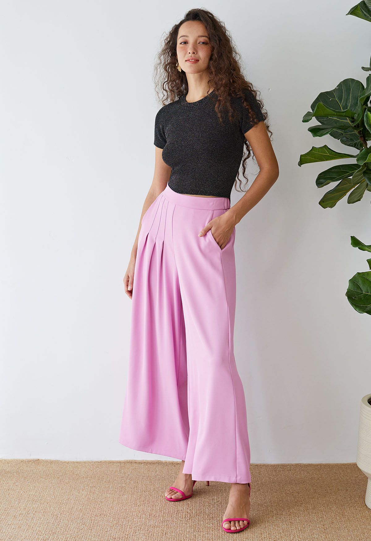 Asymmetric Pleated Chiffon Pull-On Wide-Leg Pants in Hot Pink