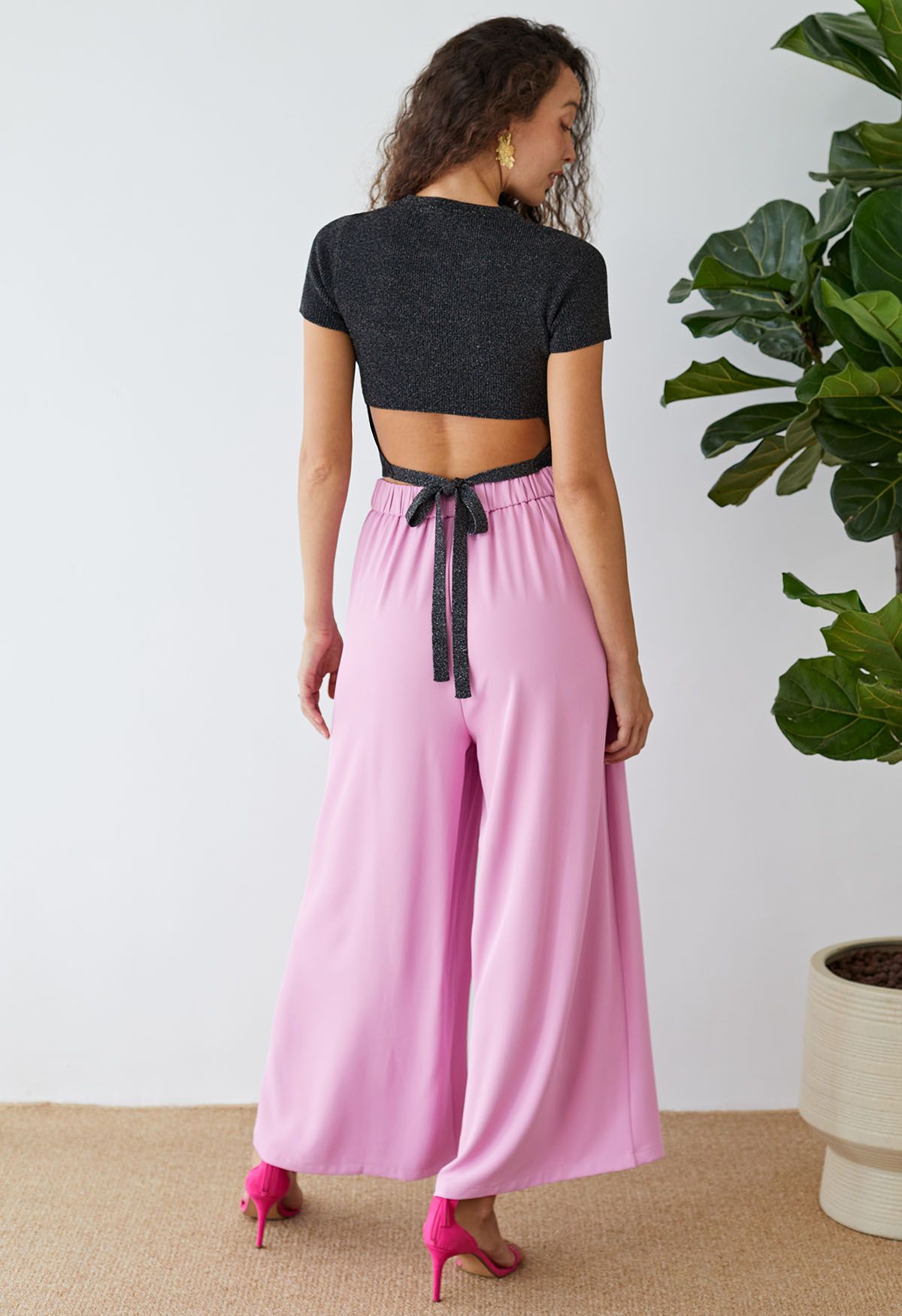 Asymmetric Pleated Chiffon Pull-On Wide-Leg Pants in Hot Pink