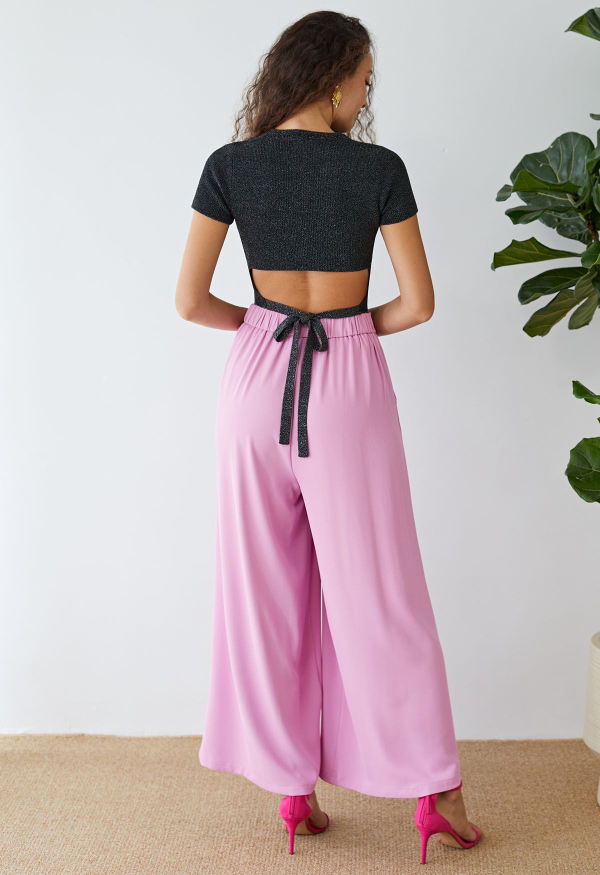 Asymmetric Pleated Chiffon Pull-On Wide-Leg Pants in Hot Pink