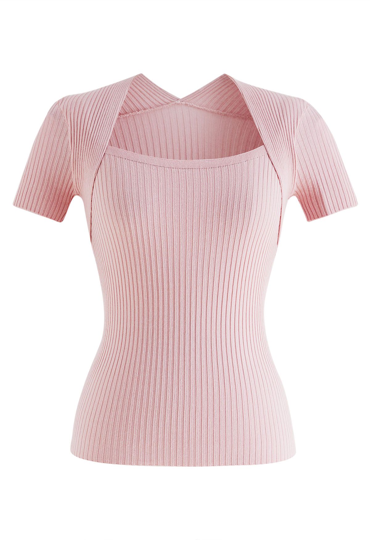 Square Neckline Ribbed Knit Top in Pink