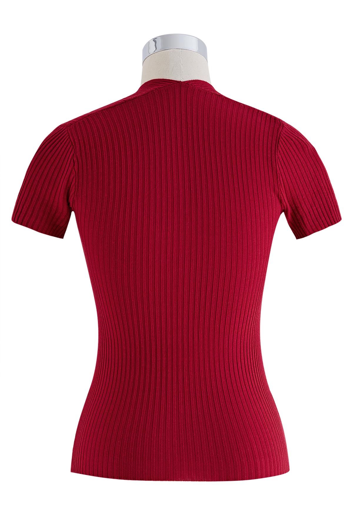 Square Neckline Ribbed Knit Top in Red