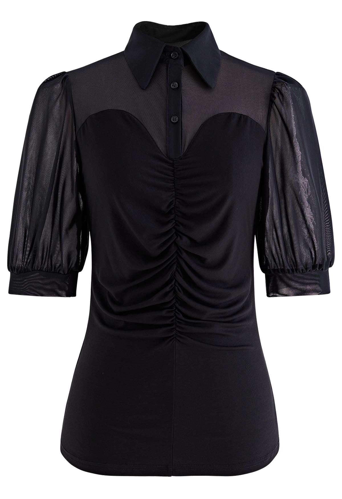 Pointed Collar Soft Mesh Spliced Ruched Top in Black