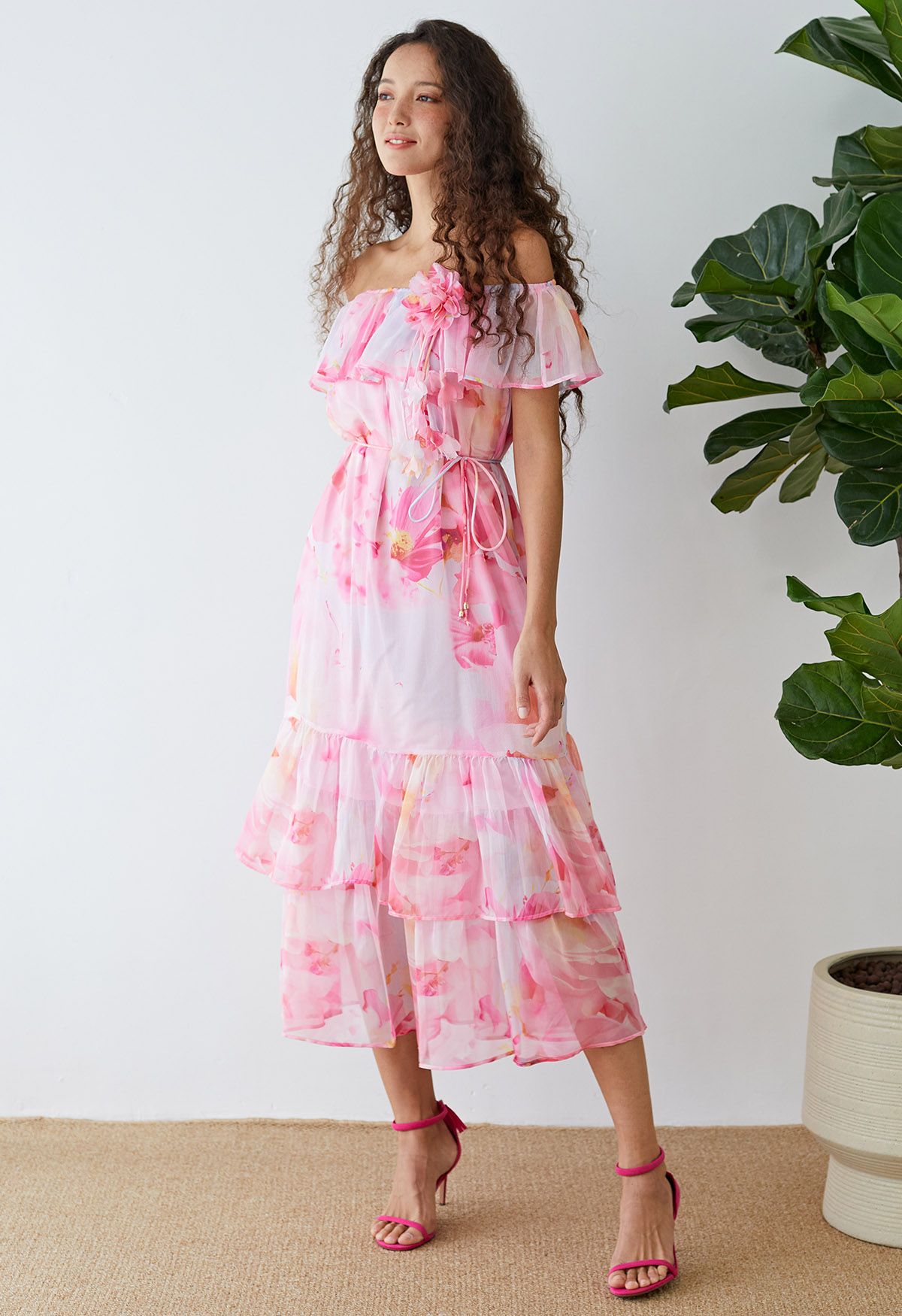 Floral Print Off-Shoulder Tiered Chiffon Dress in Pink