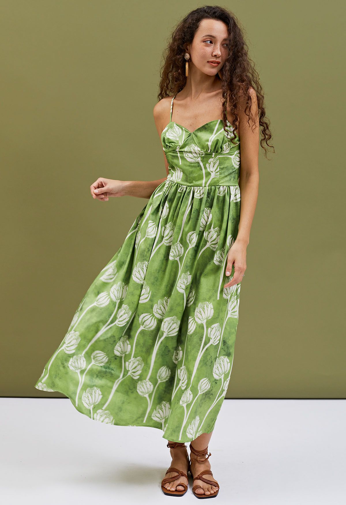 Green Twin Flower Buds Printed Cami Dress