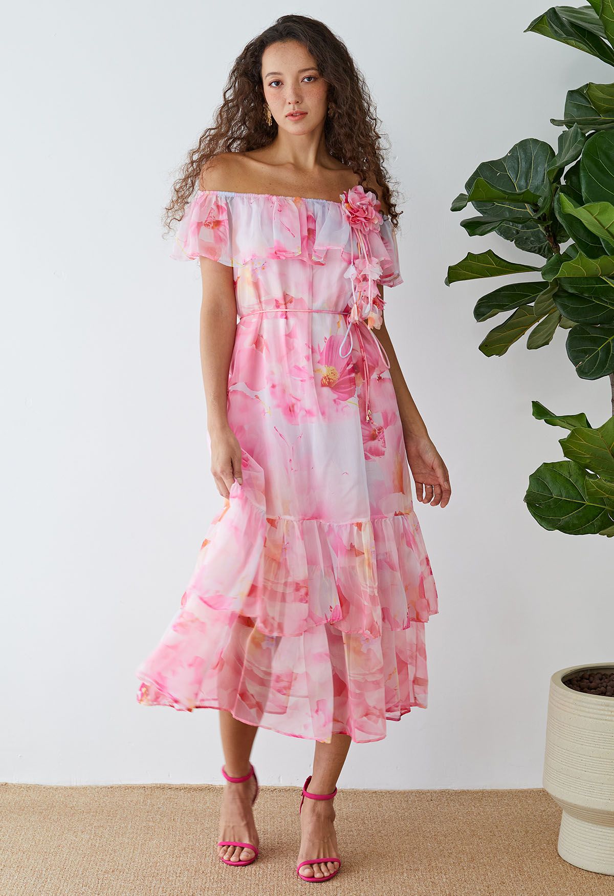 Floral Print Off-Shoulder Tiered Chiffon Dress in Pink