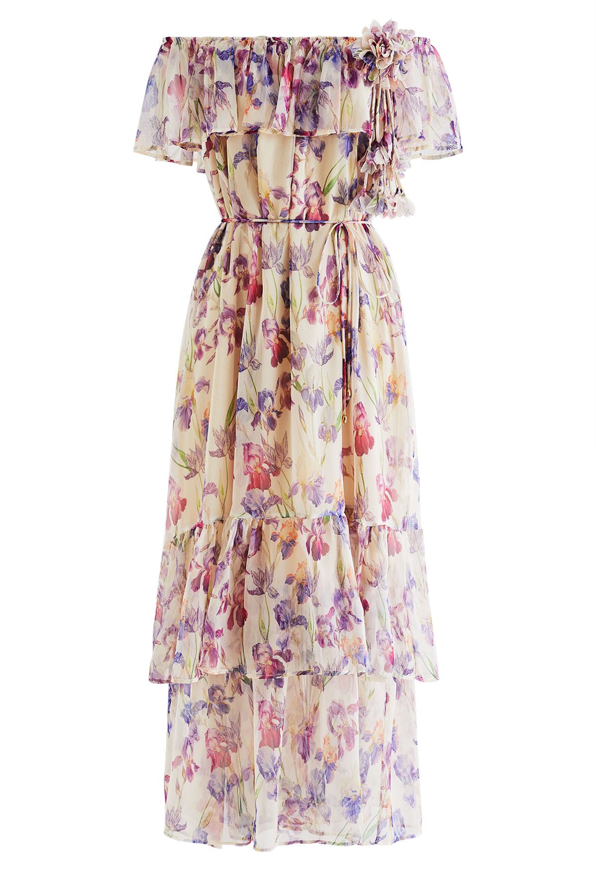 Floral Print Off-Shoulder Tiered Chiffon Dress in Lilac - Retro, Indie ...