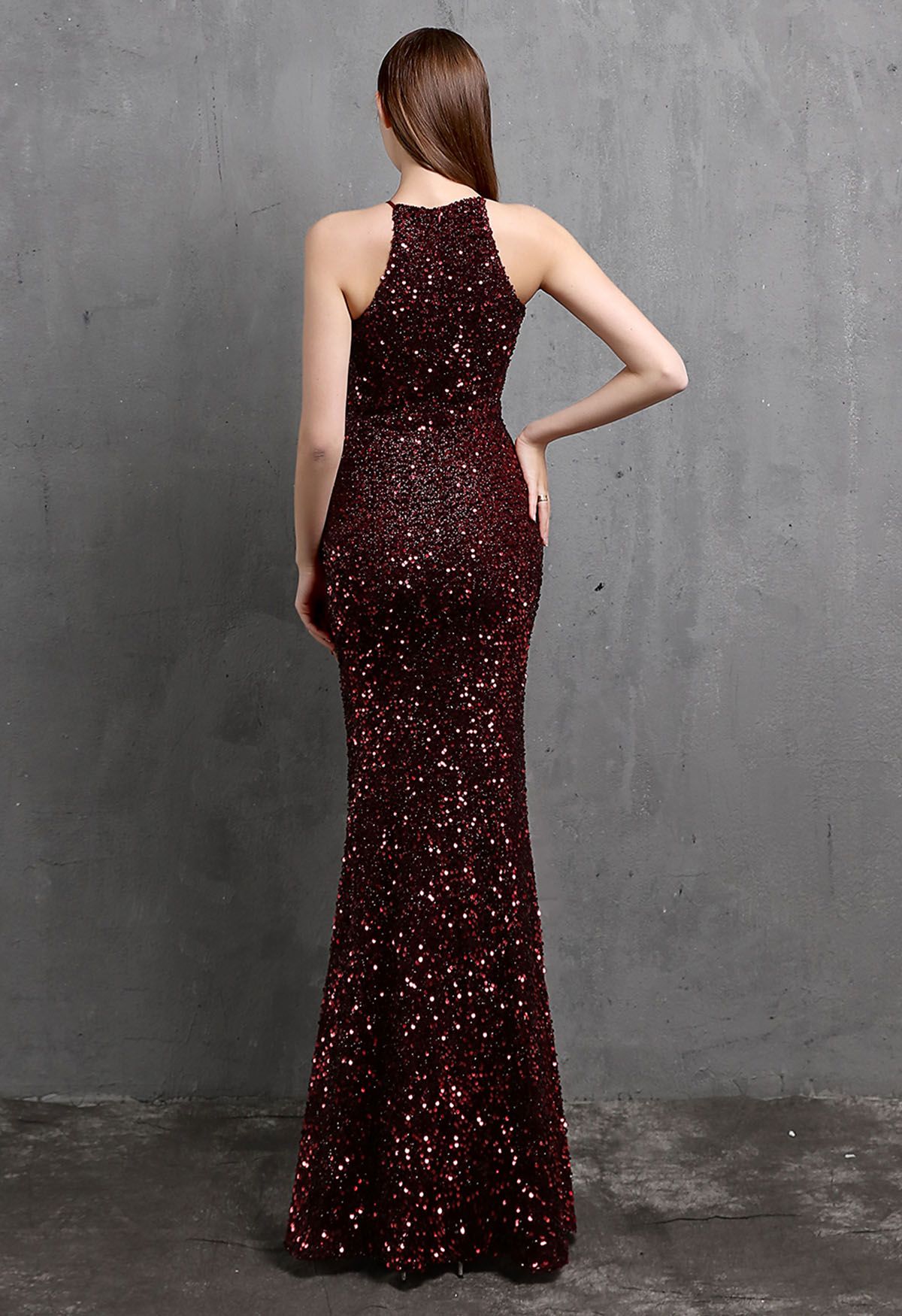 Halter Neck Cutout Sequined Slit Mermaid Gown in Burgundy