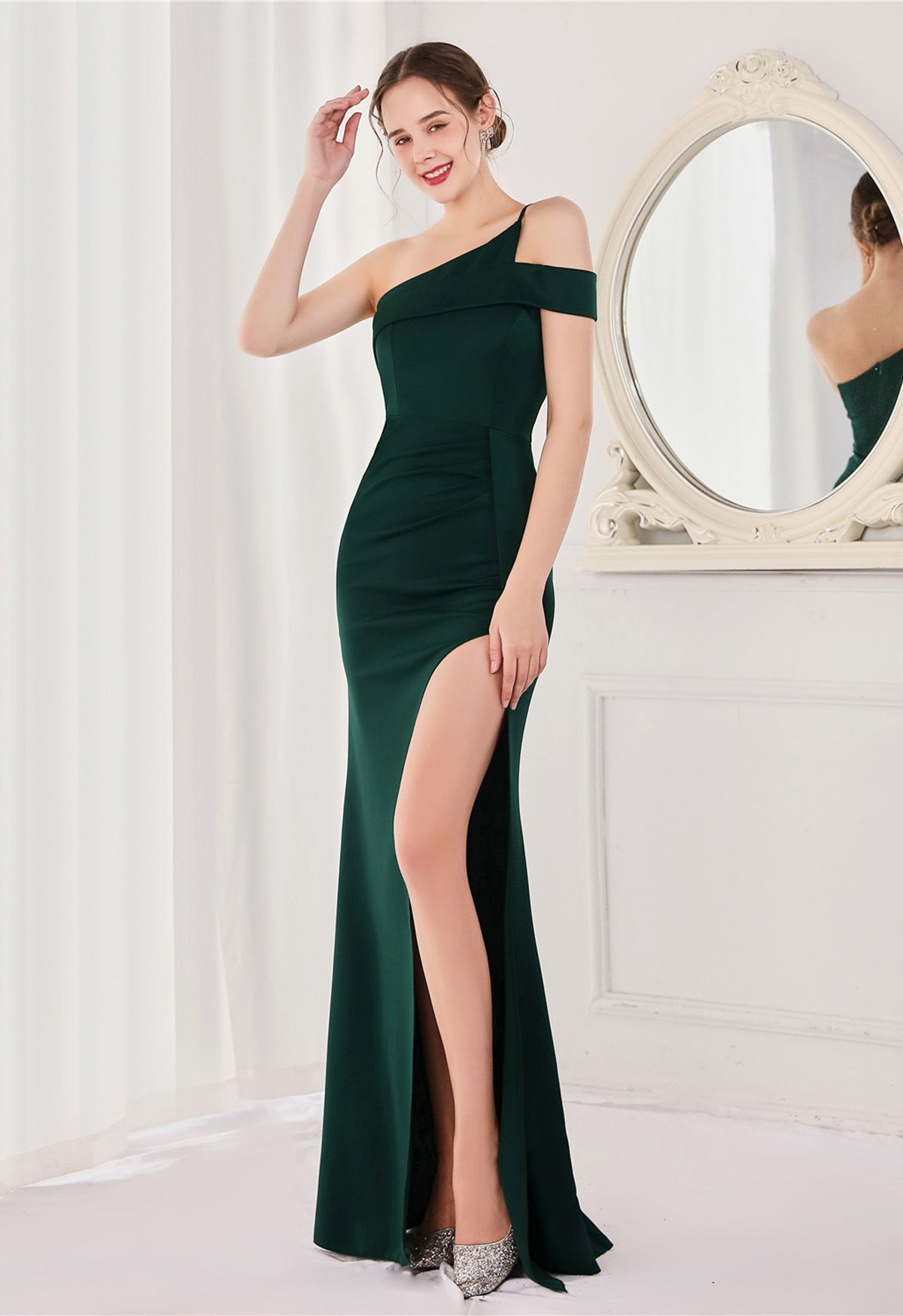 One-Shoulder High Slit Satin Mermaid Gown in Dark Green