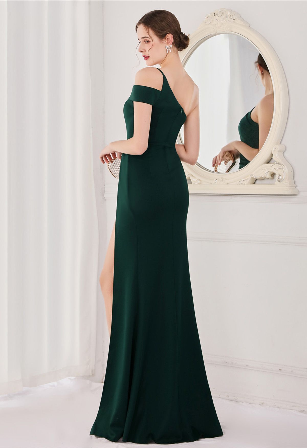 One-Shoulder High Slit Satin Mermaid Gown in Dark Green