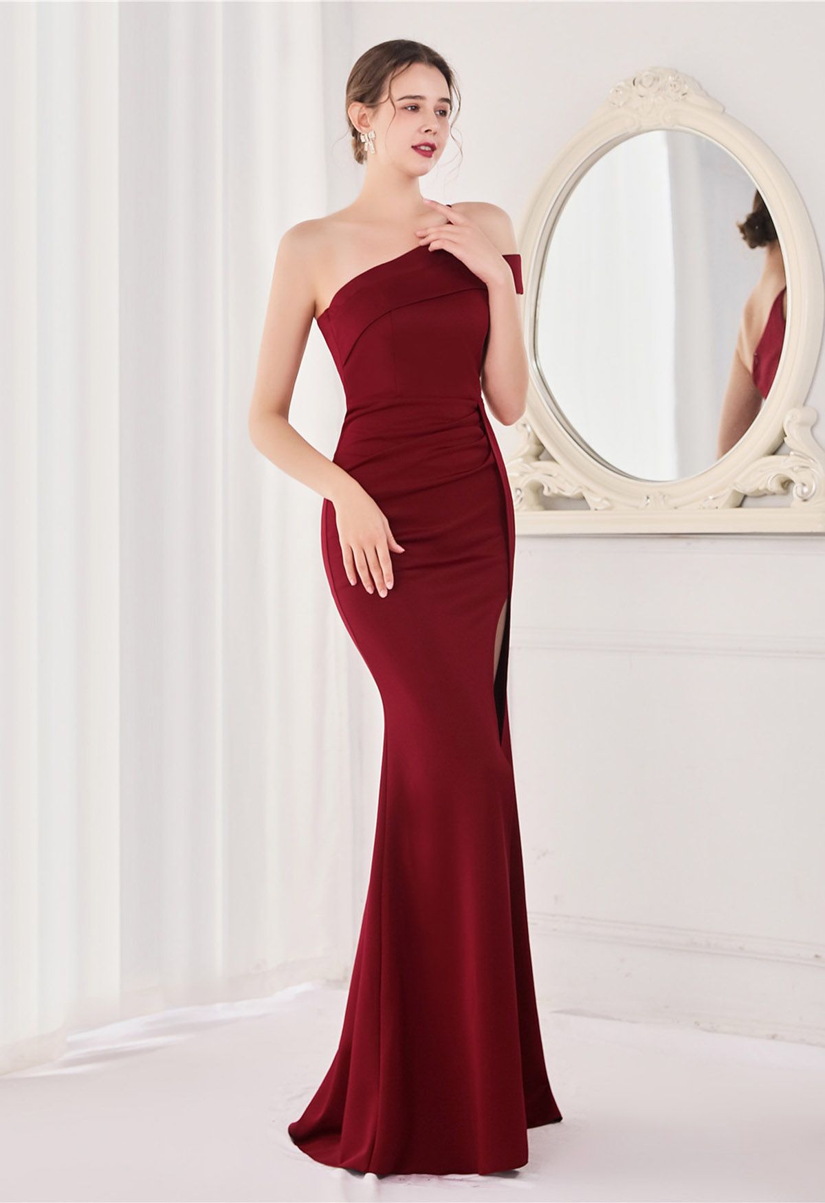 One-Shoulder High Slit Satin Mermaid Gown in Burgundy