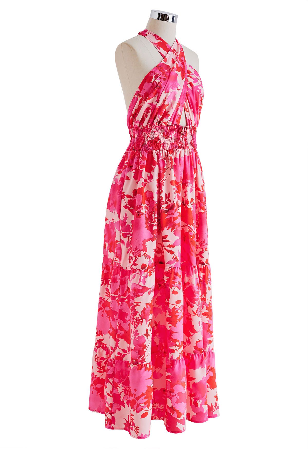 Hot Pink Floral Halter Maxi Dress