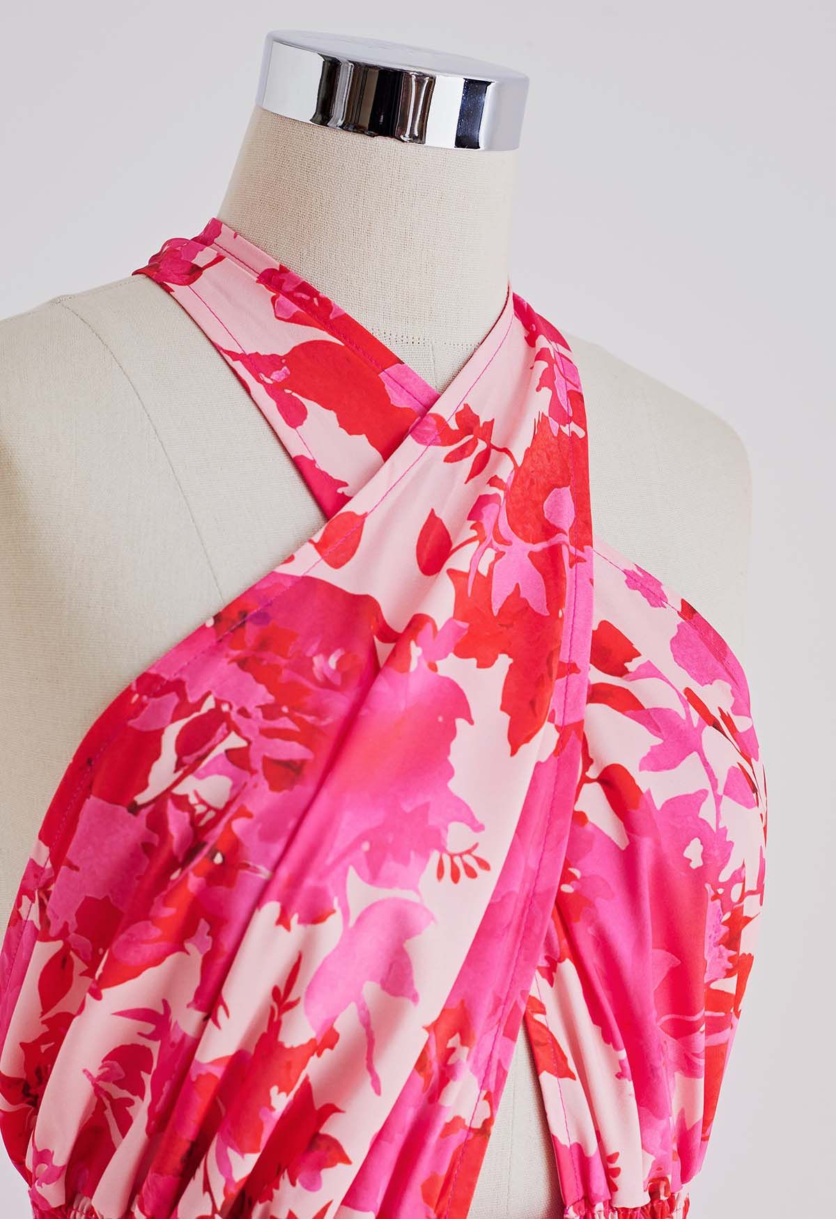 Hot Pink Floral Halter Maxi Dress