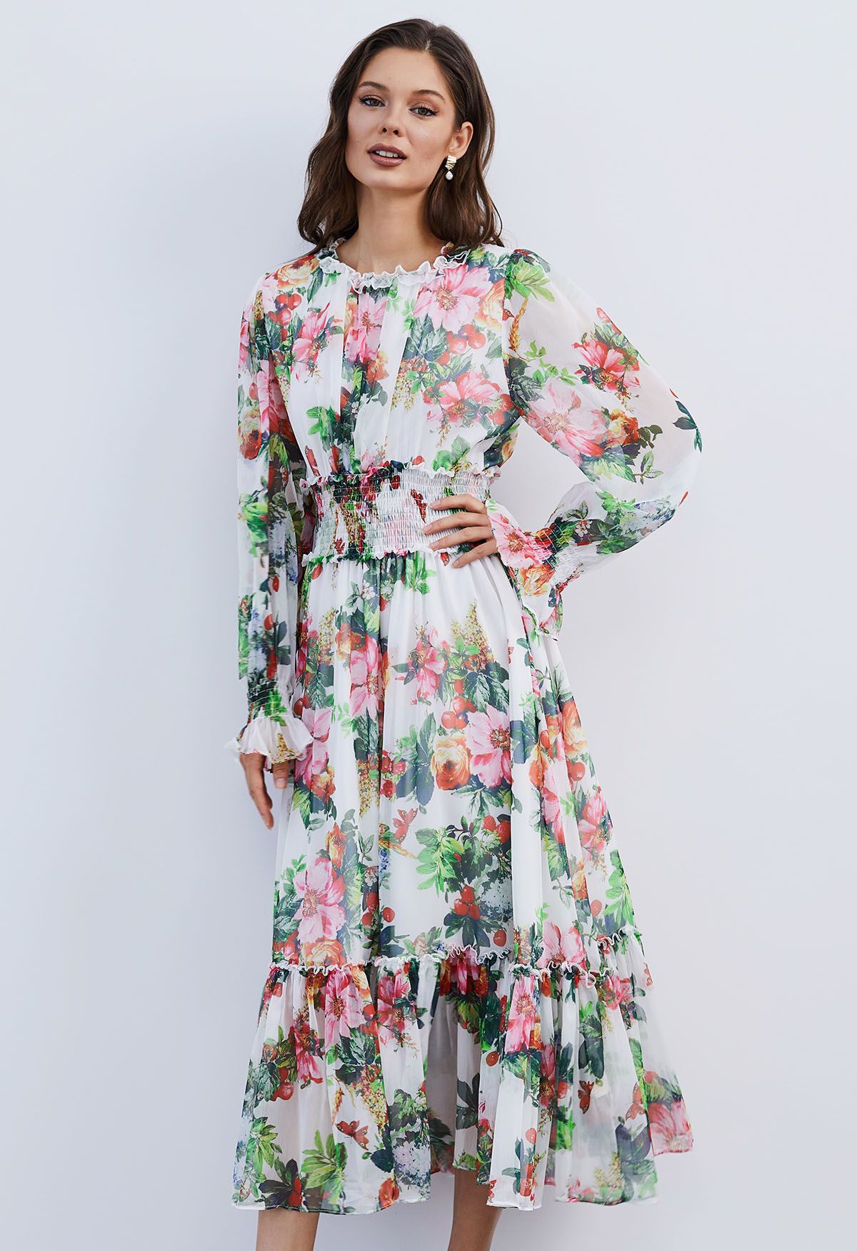 Thriving Garden Shirred Waist Chiffon Dress