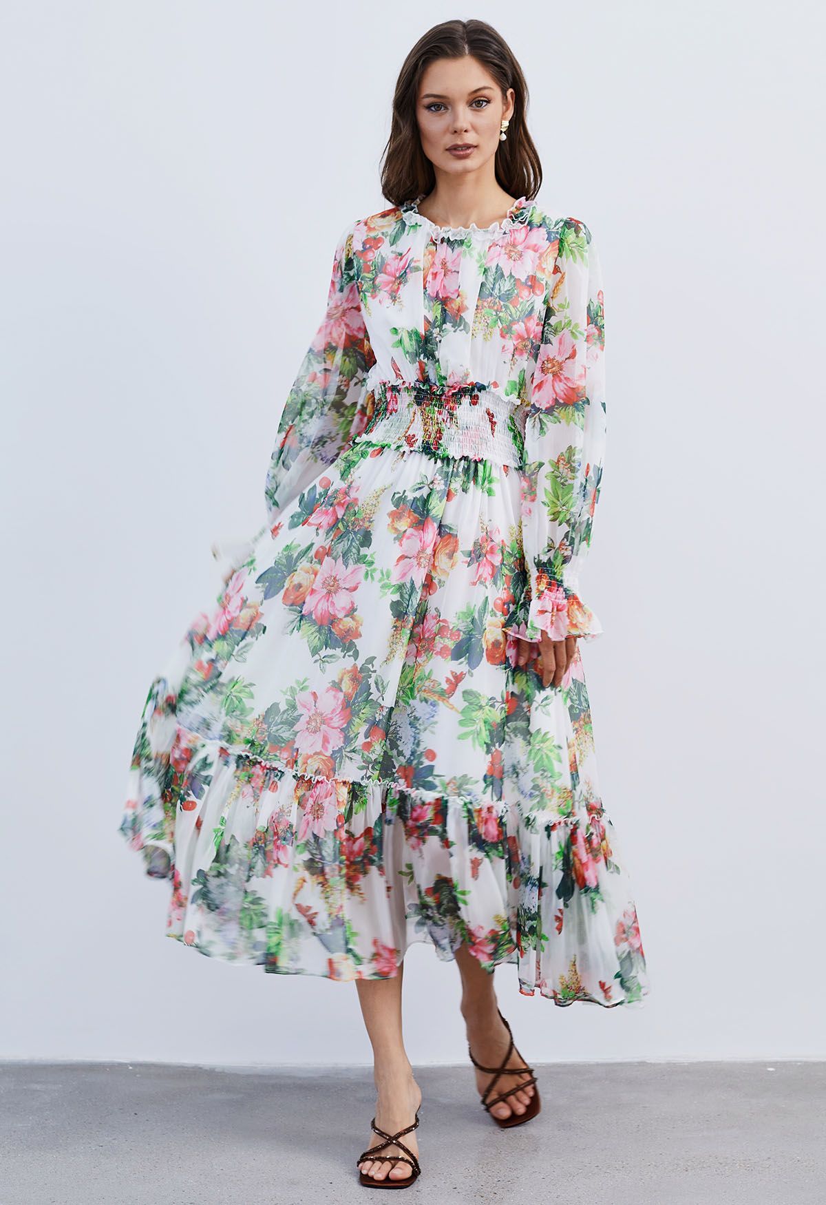 Thriving Garden Shirred Waist Chiffon Dress