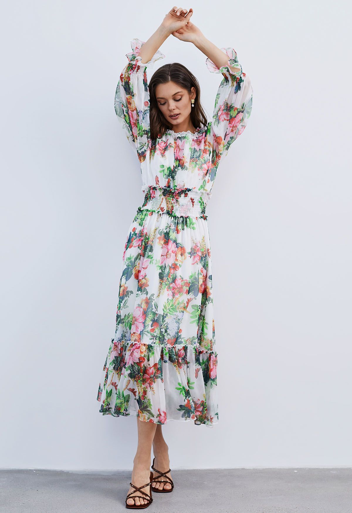 Thriving Garden Shirred Waist Chiffon Dress