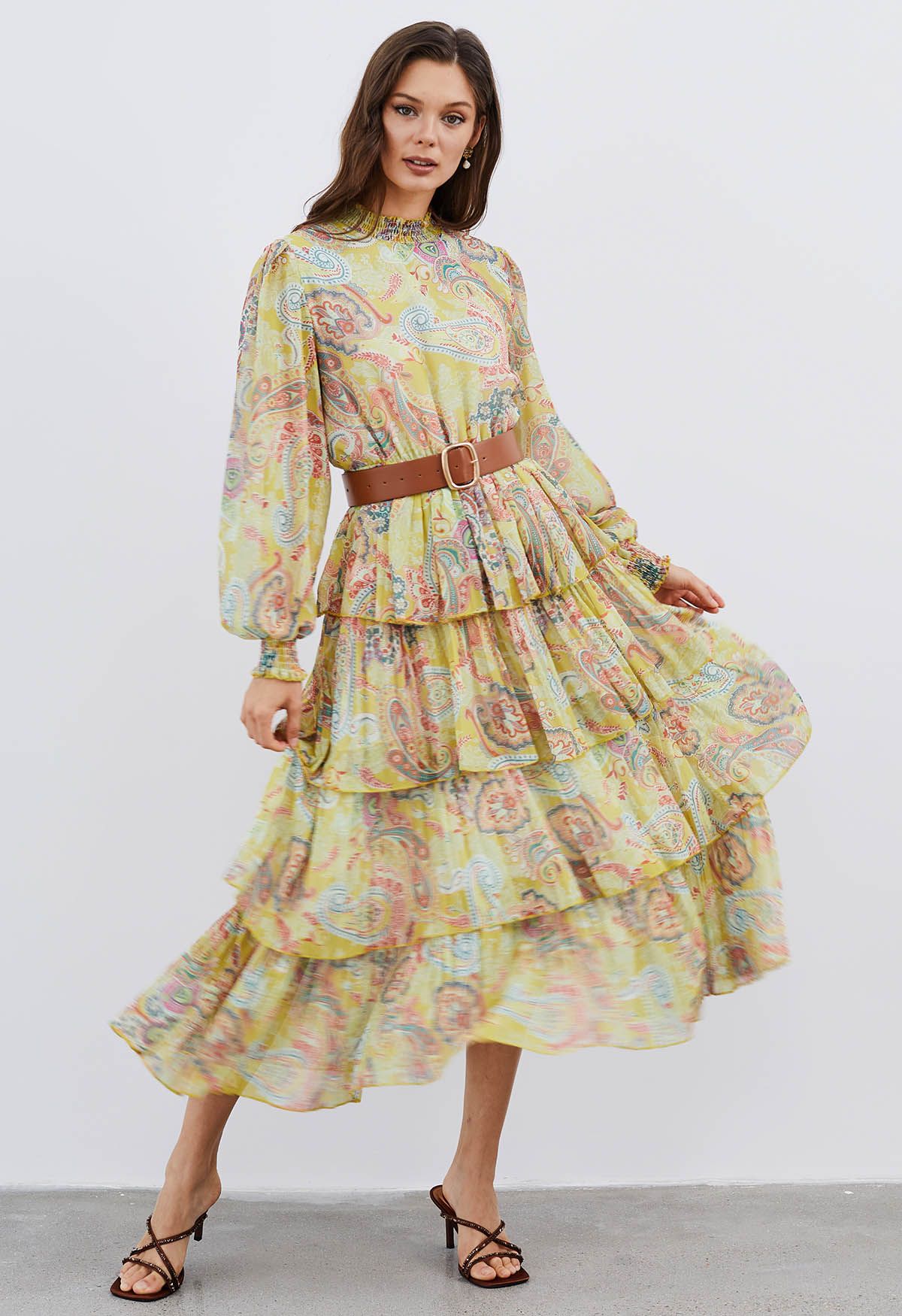 Paisley Printed Belted Tiered Chiffon Dress in Yellow