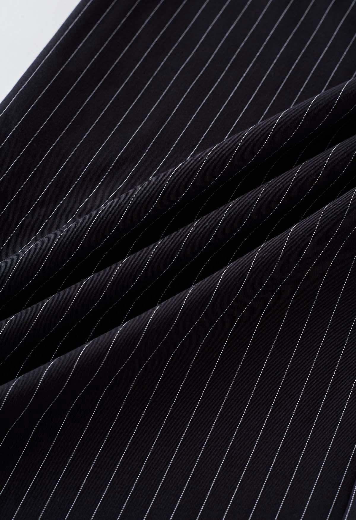 Vertical Stripe Straight-Leg Pants in Black