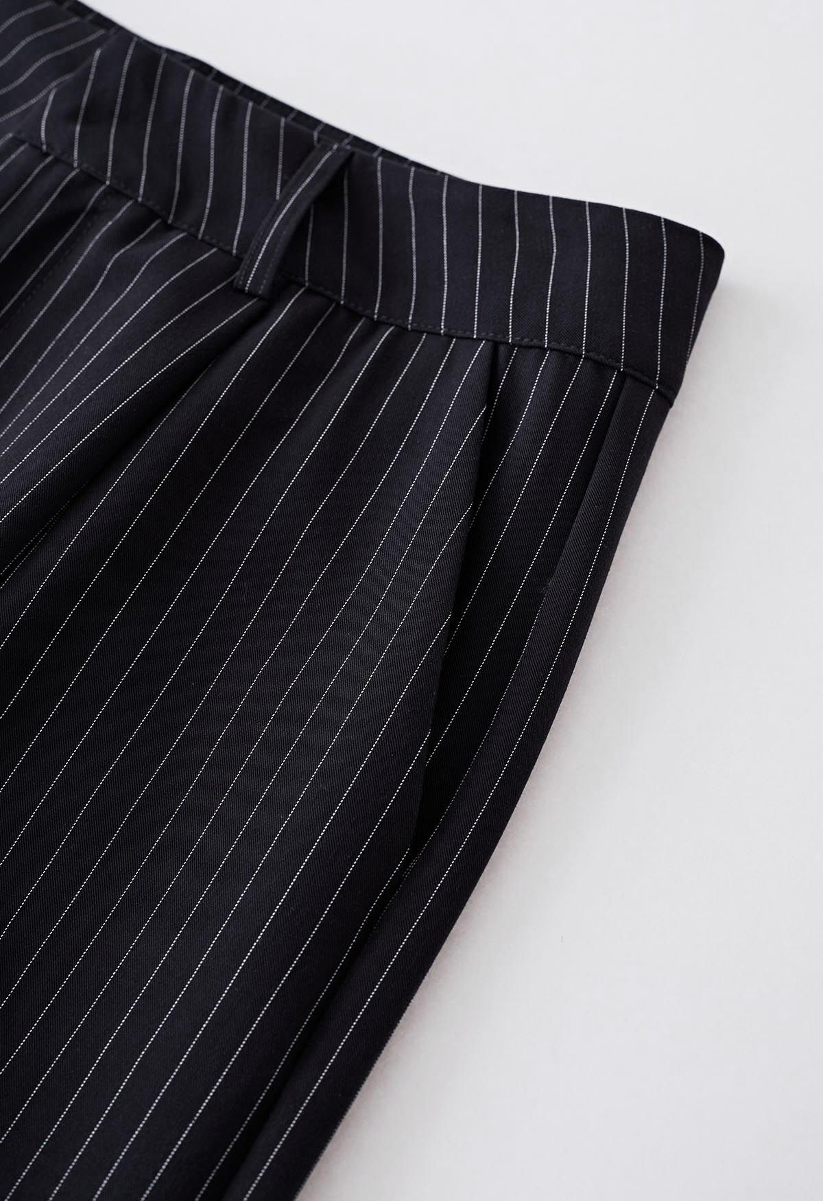 Vertical Stripe Straight-Leg Pants in Black