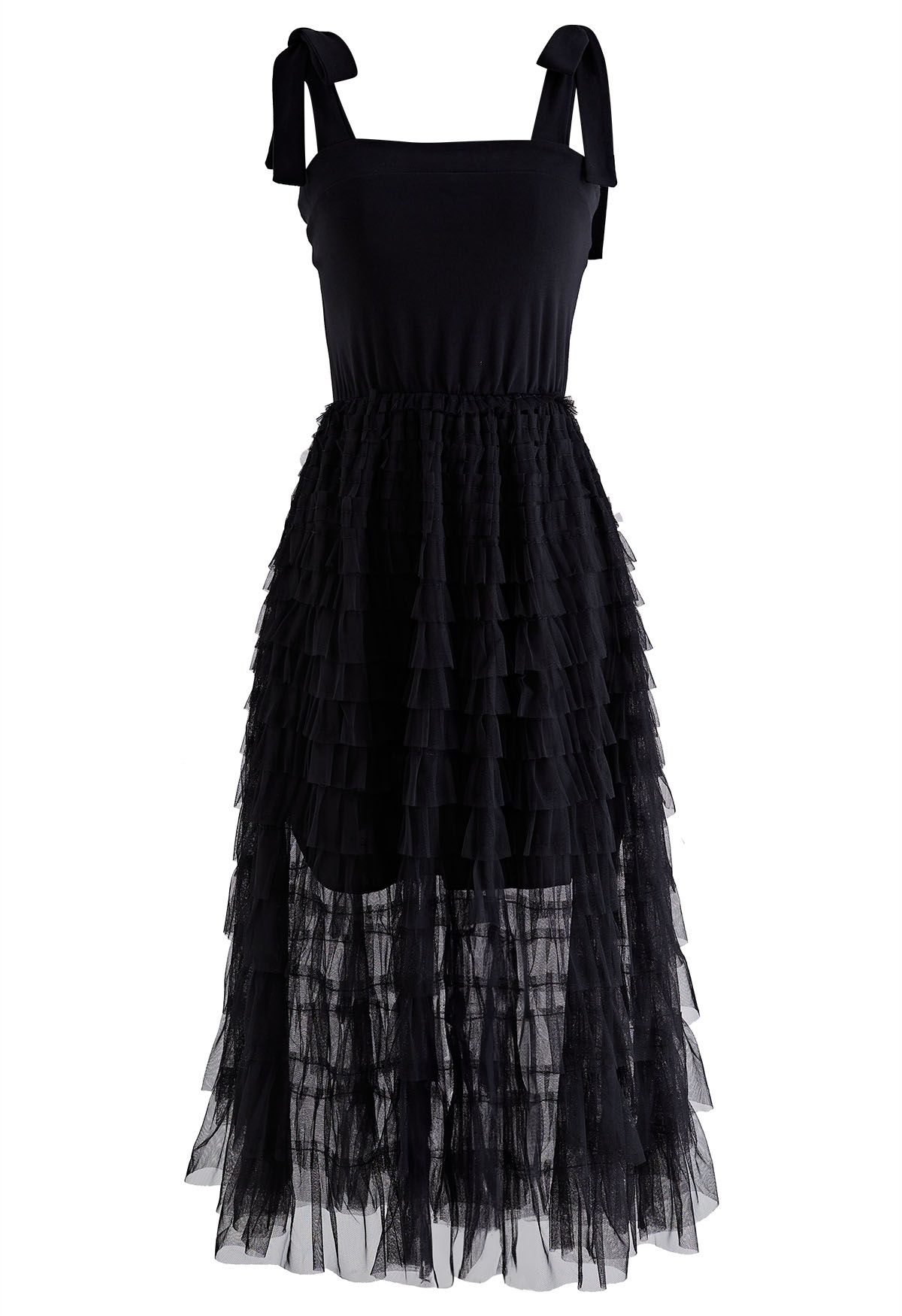 Tie-Shoulder Spliced Tiered Mesh Dress