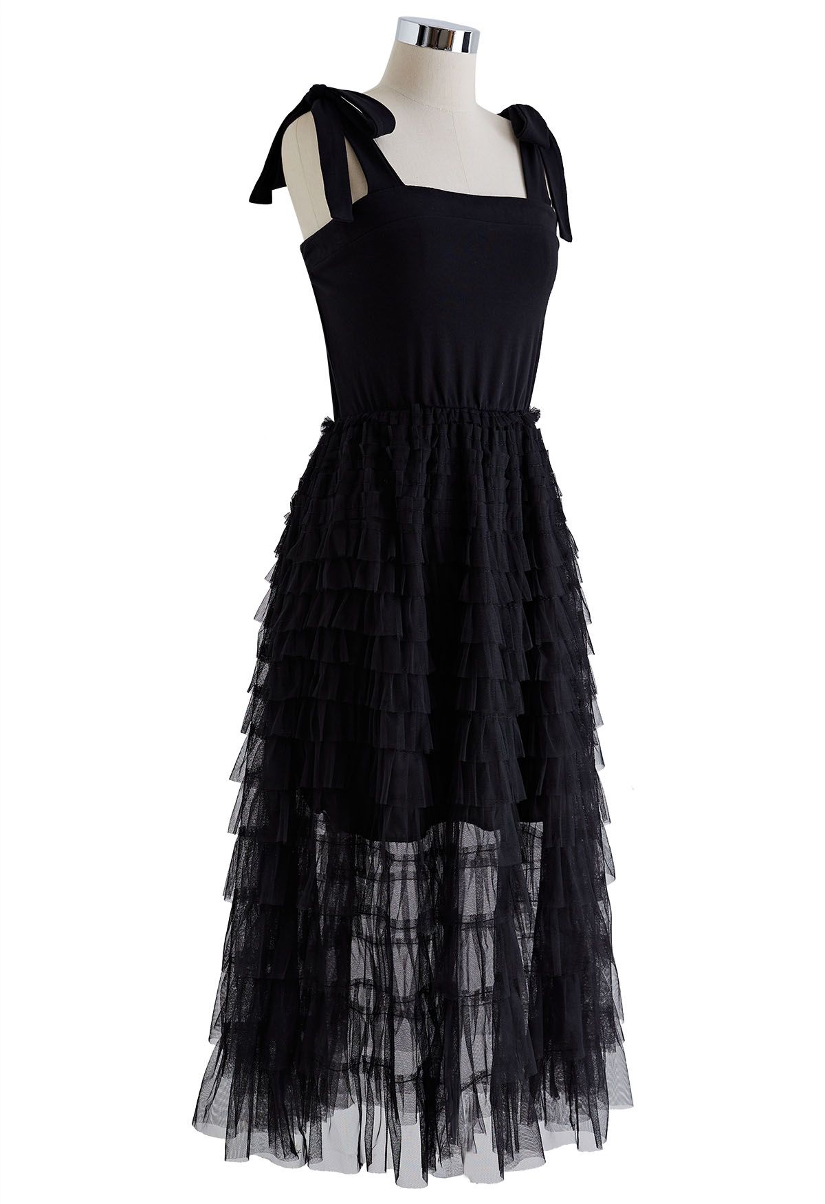 Tie-Shoulder Spliced Tiered Mesh Dress