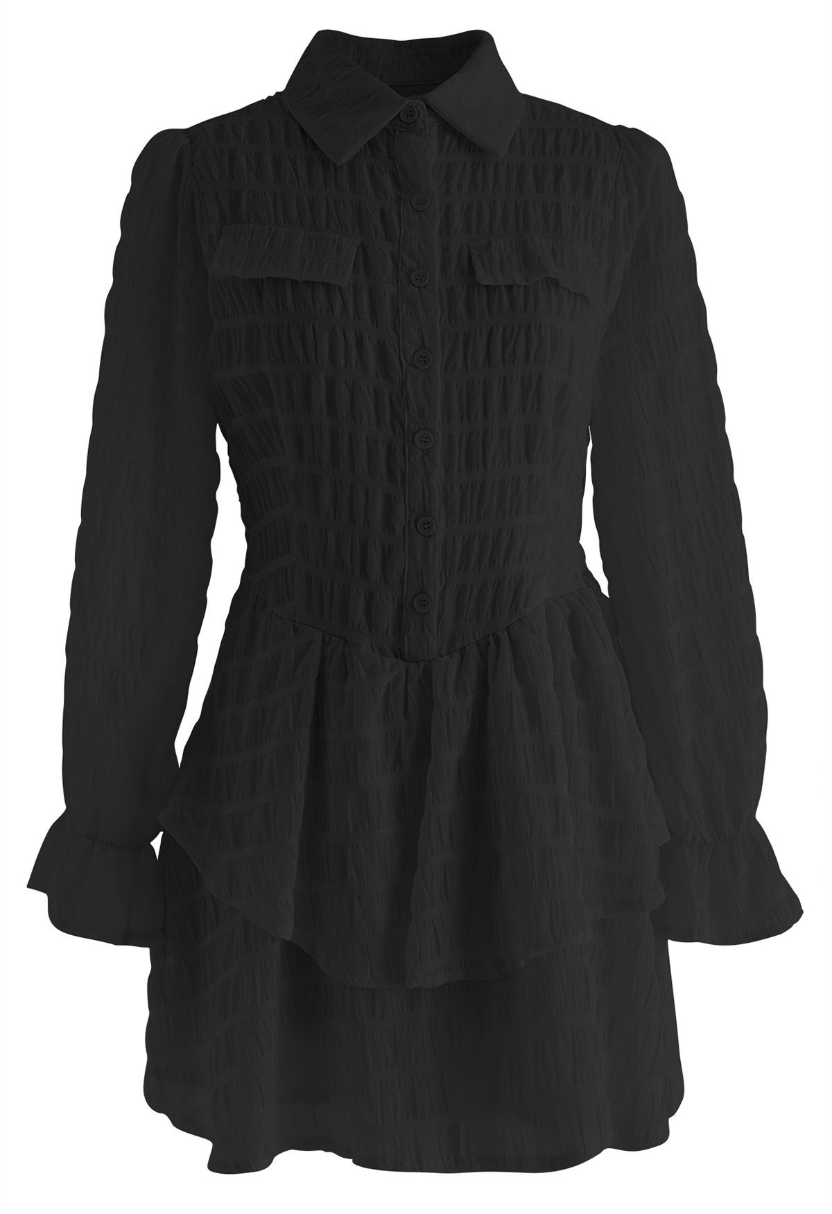 Full Shirring Tiered Mini Dress in Black