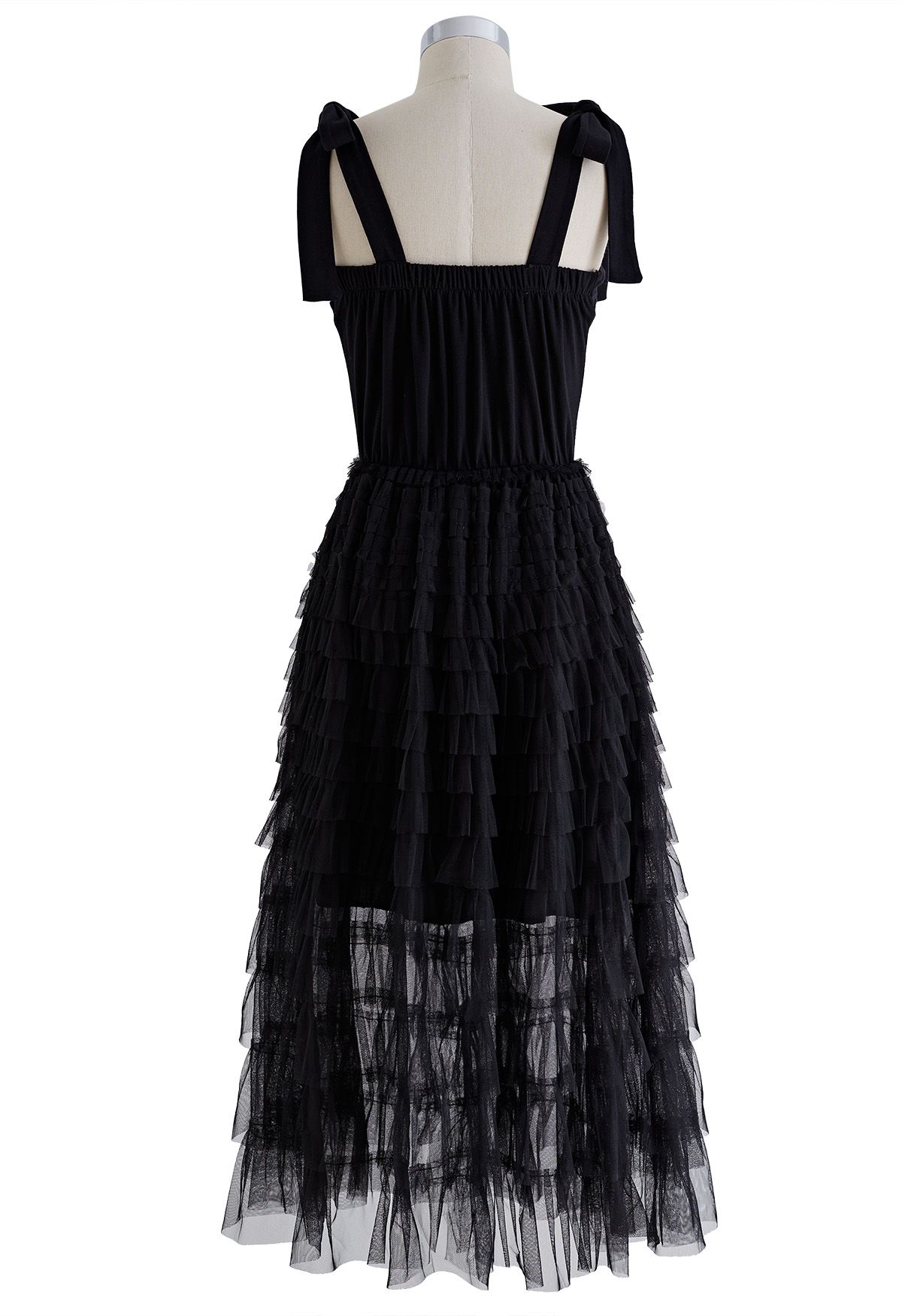 Tie-Shoulder Spliced Tiered Mesh Dress