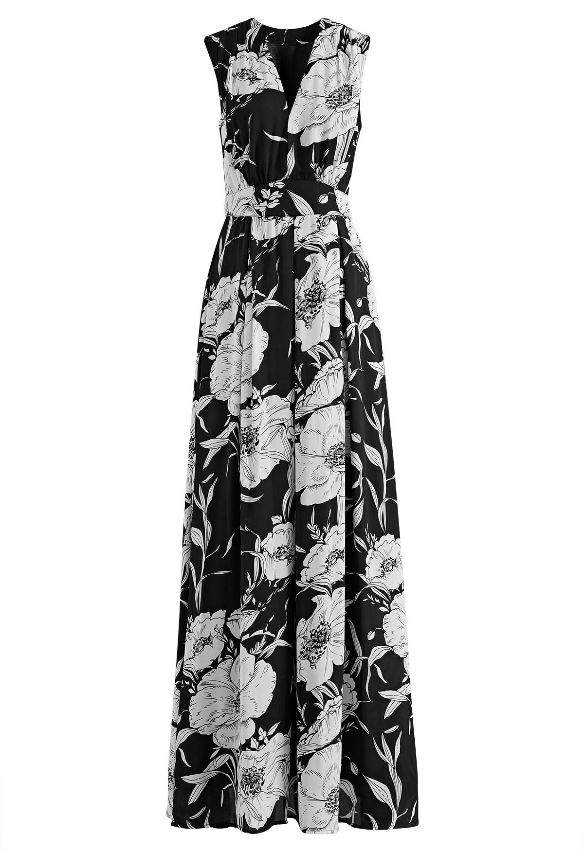 Plunging Floral Sleeveless Maxi Dress - Retro, Indie and Unique Fashion