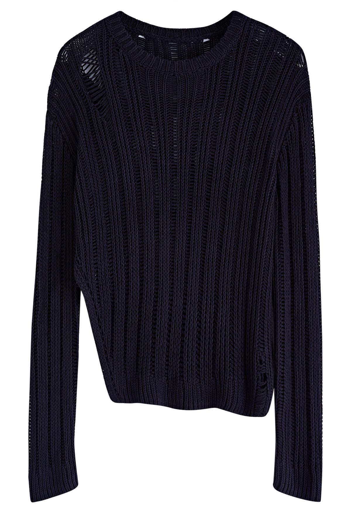 Side Slit Pointelle Knit Sweater in Black