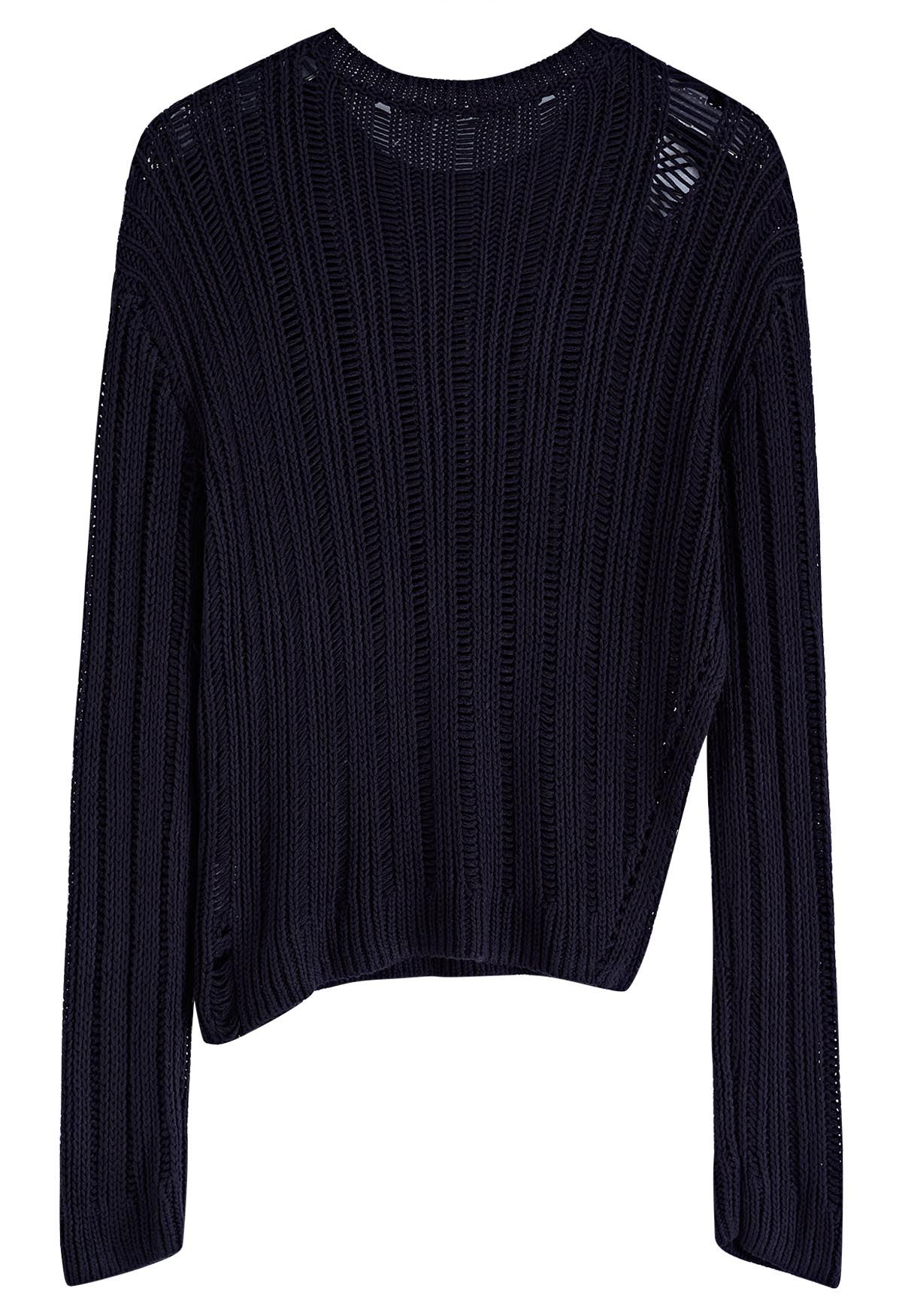 Side Slit Pointelle Knit Sweater in Black