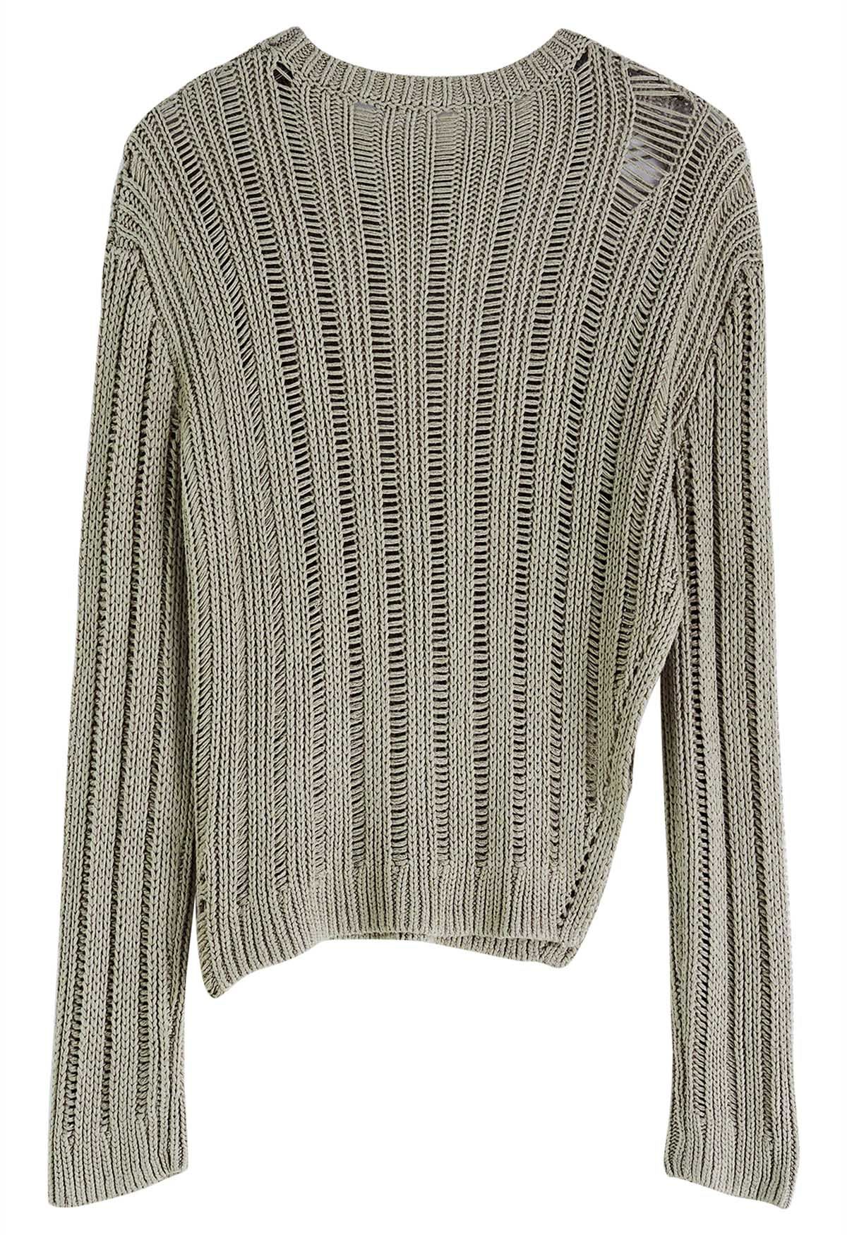 Side Slit Pointelle Knit Sweater in Khaki